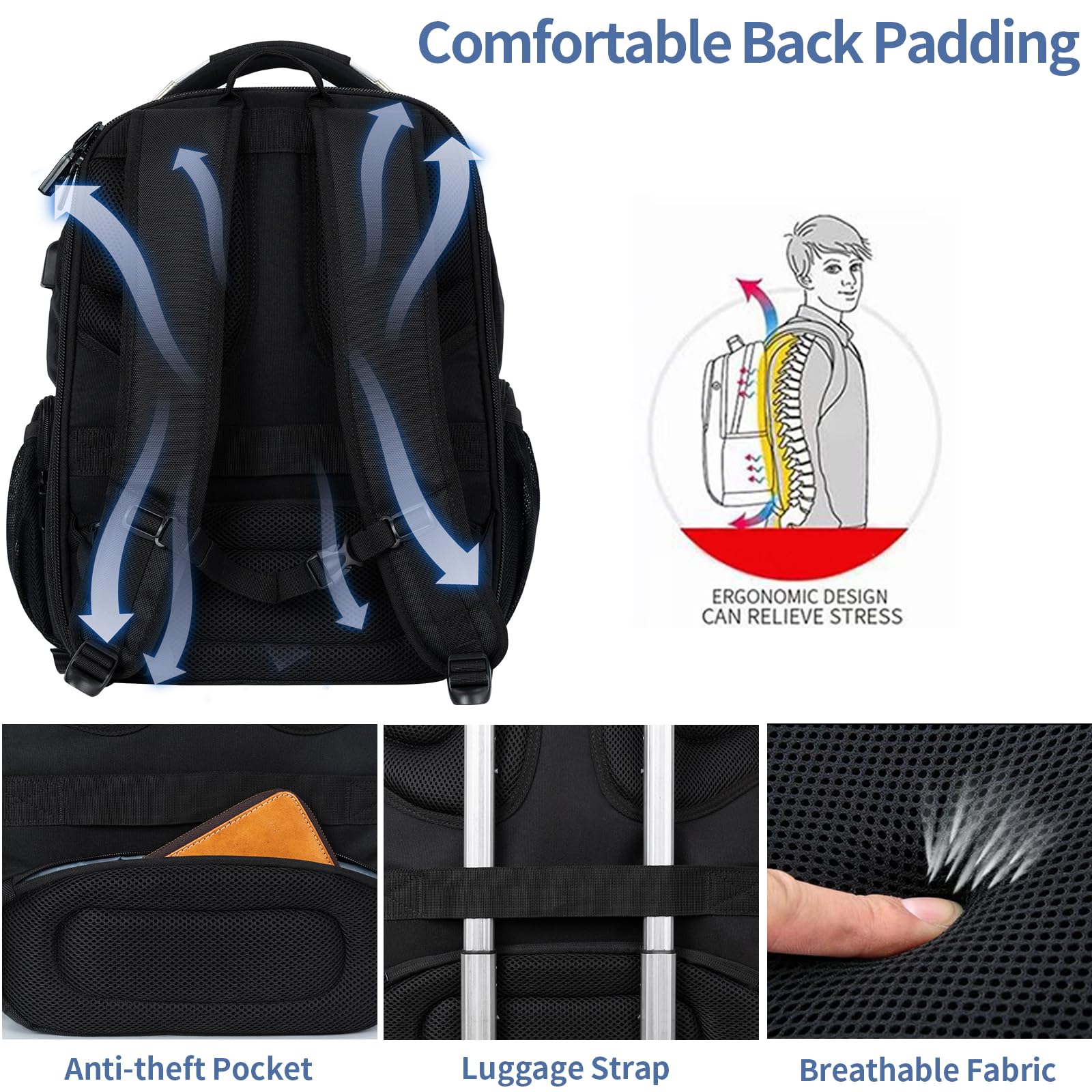 VANKEAN 17.3 Inch TSA Approved Laptop Backpack - Water Resistant Anti Theft Business Computer Bag with USB Charging Port & RFID Blocking Pockets for Men & Women - Perfect for Travel, Work & College (Black)