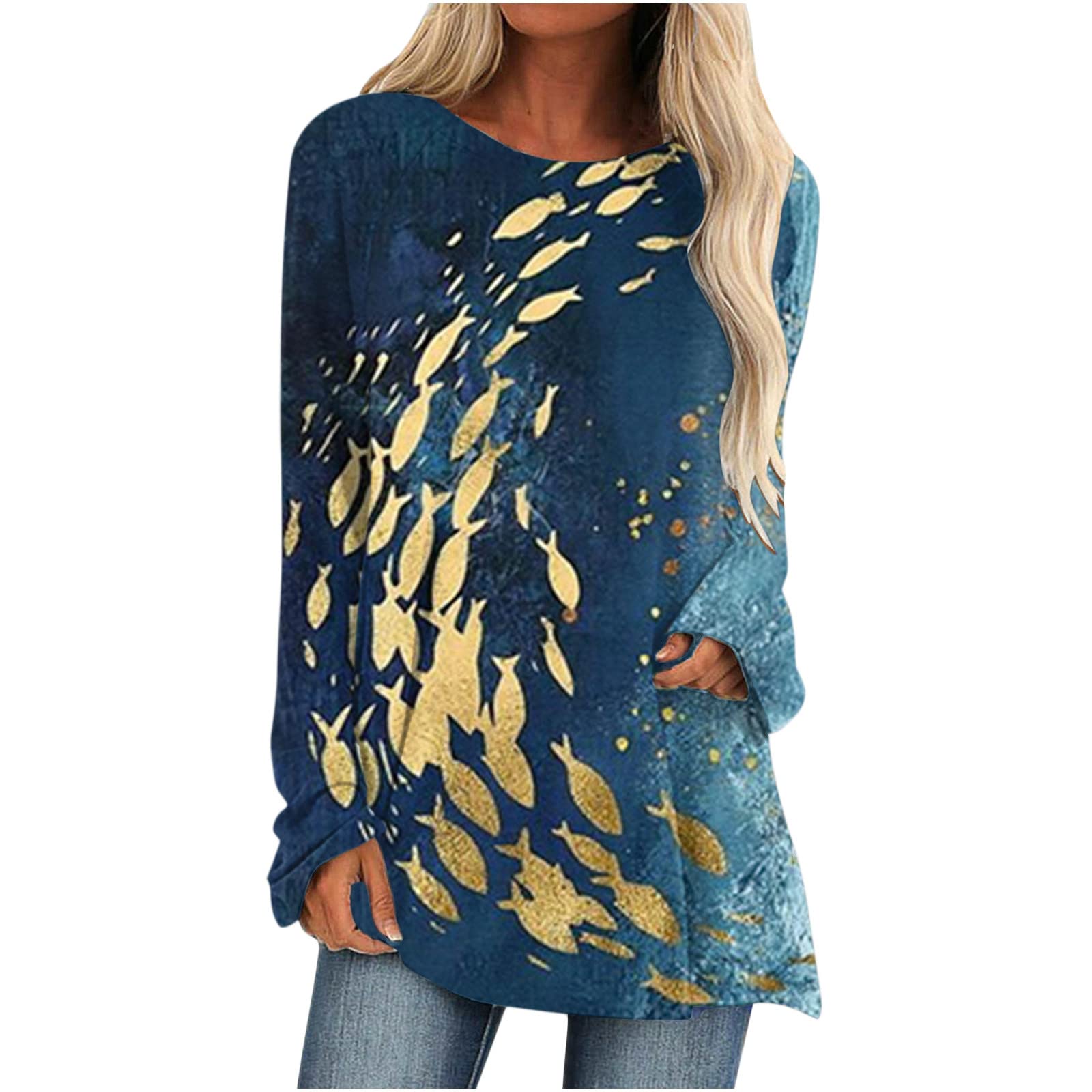 Women's Printed Casual Crewneck Long Sleeve Blouse T-Shirt - Comfortable & Stylish Top for Everyday Wear (Blue, XXL) | Perfect for Office, Dating & Weekend Outfits