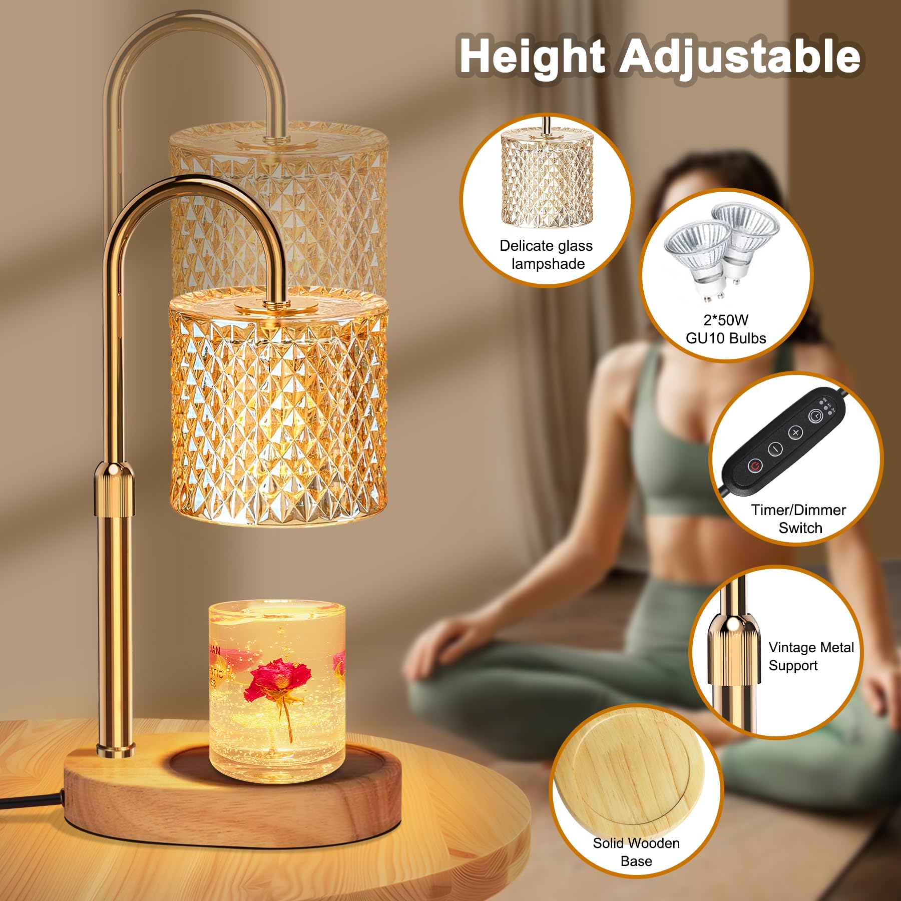 Candle Warmer Lamp with Timer & Dimmer - Adjustable Height Wax Melt Warmer for Scented Candles - Includes 2 Bulbs - Perfect for Home Decor, Bedroom, Office & Relaxation Spaces