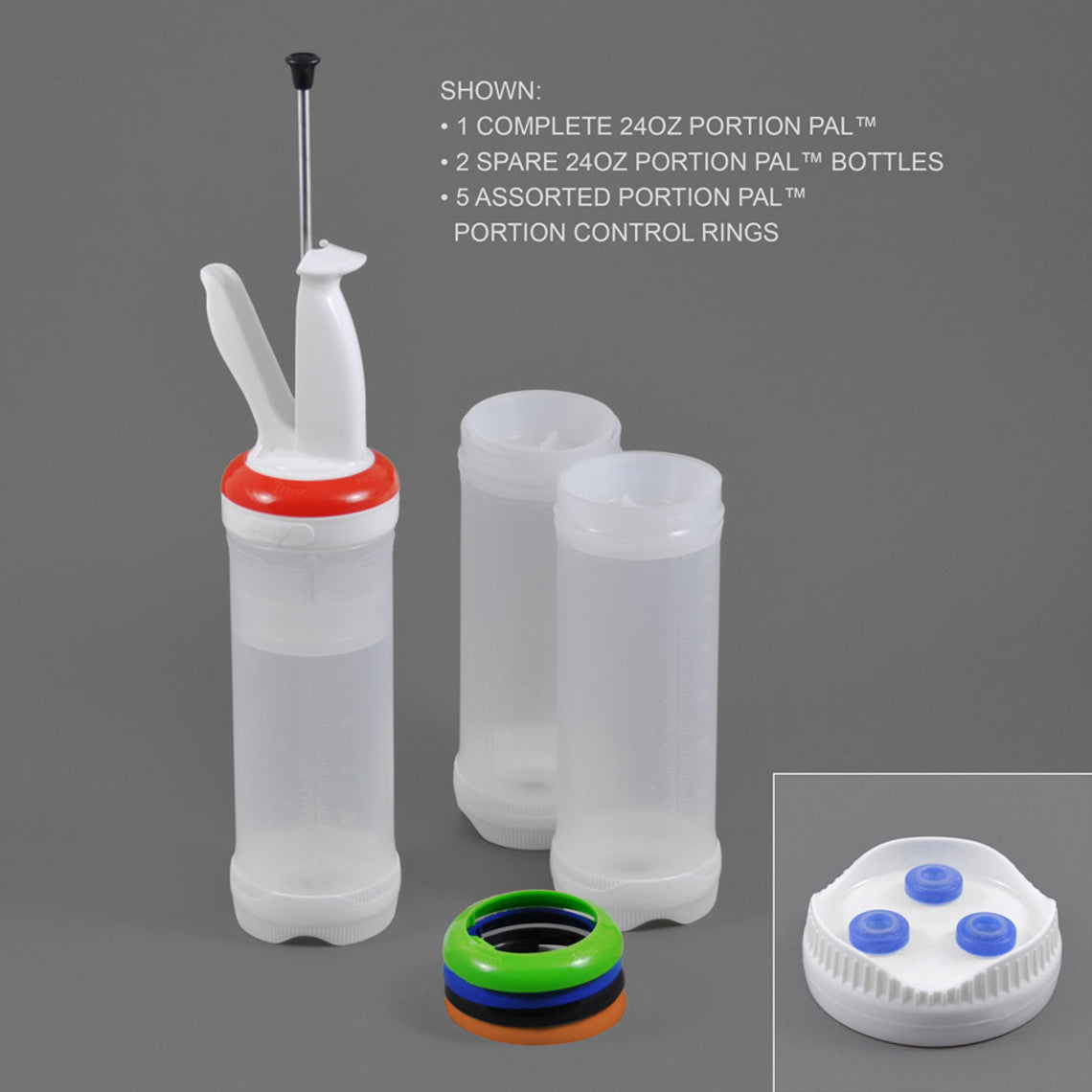 FIFO Portion Pal 24 Oz Squeeze Bottle Kit with 1 x 3 Valve Cap & 5 Assorted Rings - Blue | Perfect for Condiments, Sauces, Dressings & Kitchen Organization
