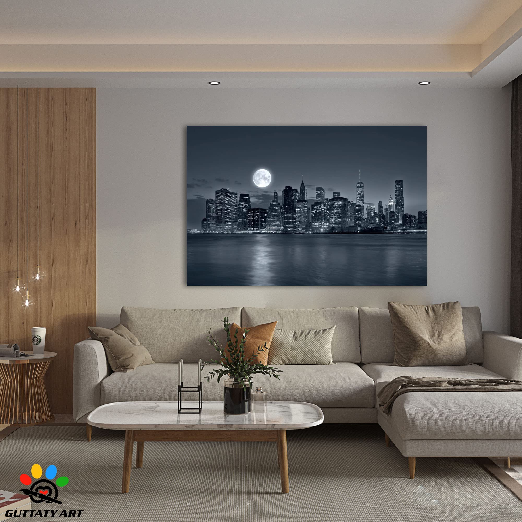New York Skyline Canvas Wall Art - Modern Blue Gray Cityscape Painting, Brooklyn Bridge Park & Moonlight Scene, Framed Artwork for Living Room, Bedroom, Office Decor - 32x48 Inches