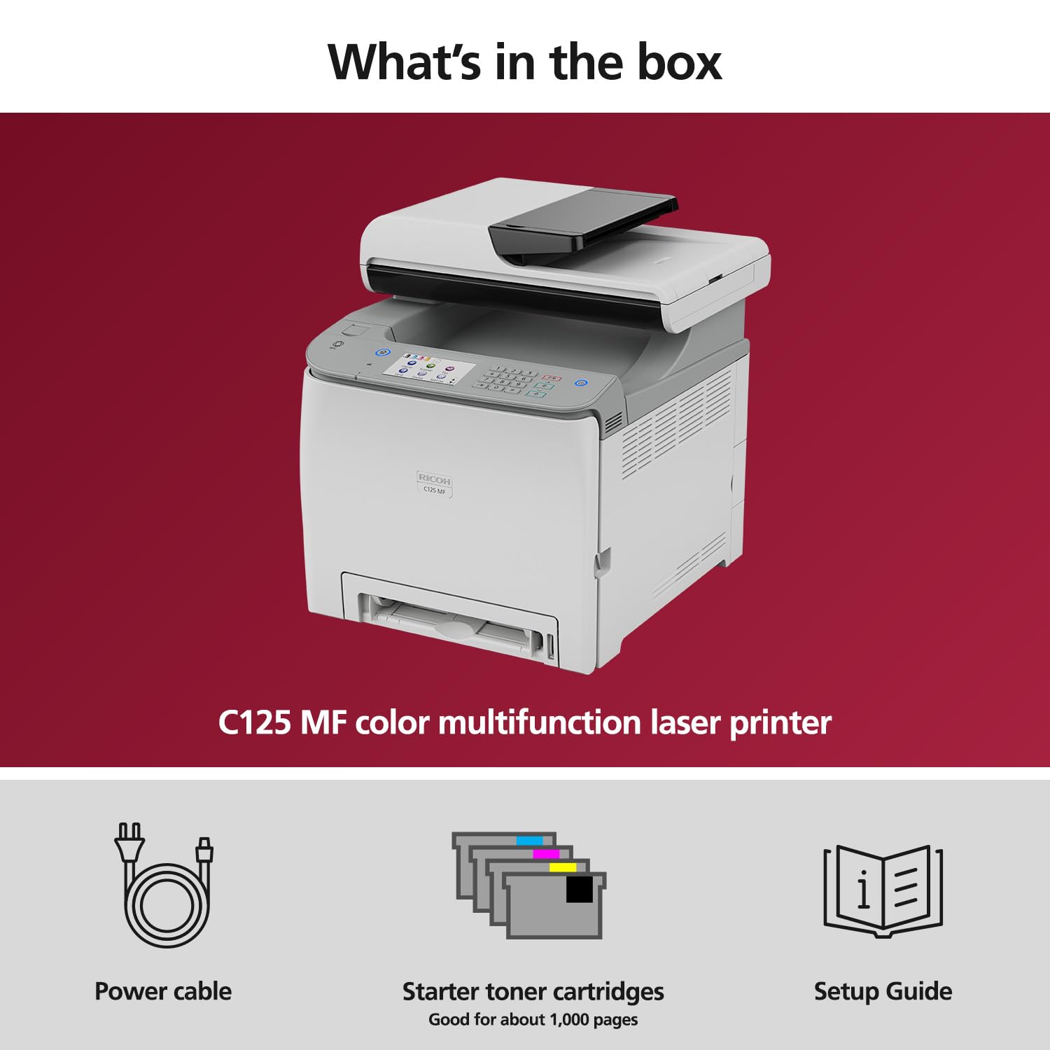 RICOH C125 MF Color Laser All-in-One Printer | 26ppm Fast Printing | Wireless Multifunction Copier Scanner Fax Machine | Secure WiFi, AirPrint, Touchscreen | Duplex & Ethernet Connectivity | Ideal for Home Office & Small Business Printing