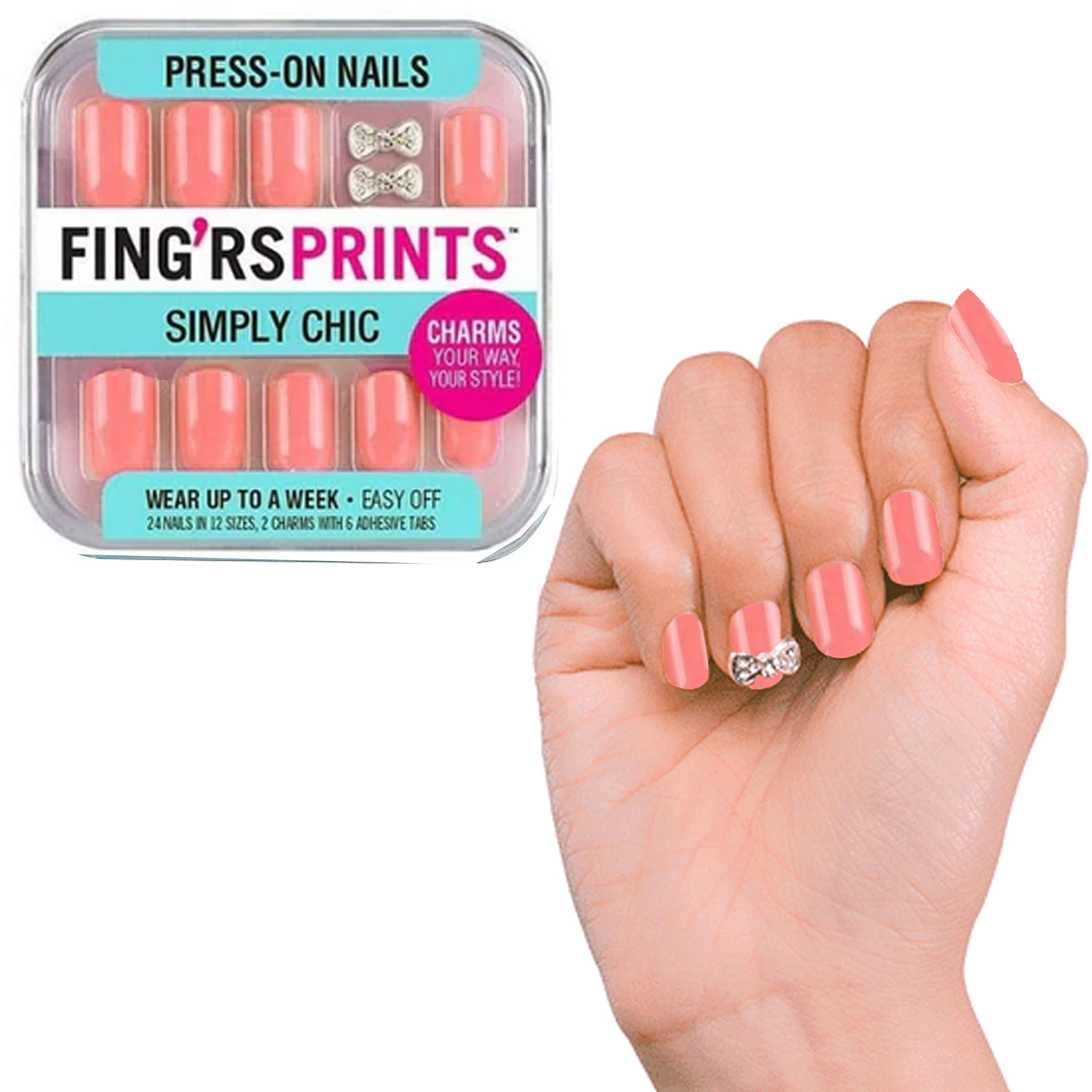 24 Count Press On Nails - Peach Pink Floral Design with Charms, Strong Adhesive, Easy DIY Manicure Kit for Women | Perfect for Parties, Weddings & Everyday Wear