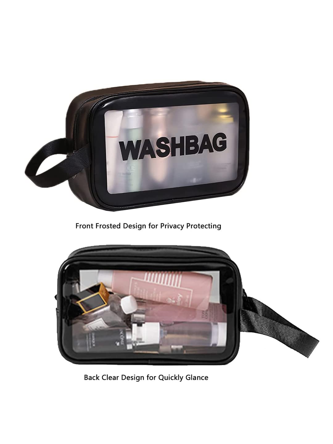 Amso Waterproof PVC Cosmetic Bag - Travel Makeup & Toiletry Organizer for Brushes, Cosmetics & Accessories | Portable Zippered Carry Pouch for Home & Vacation (Black, Medium Size) | Perfect for Daily Use, Gym, Business Trips & Weekend Getaways