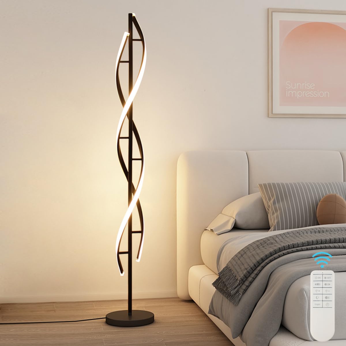 LENIVER LED Spiral Floor Lamp - 3 Color Dimmable Modern Standing Light with Remote Control, Creative Pole Lamp for Living Room, Bedroom, Office (Black) | Perfect for Ambient Lighting, Reading Nook & Home Decor