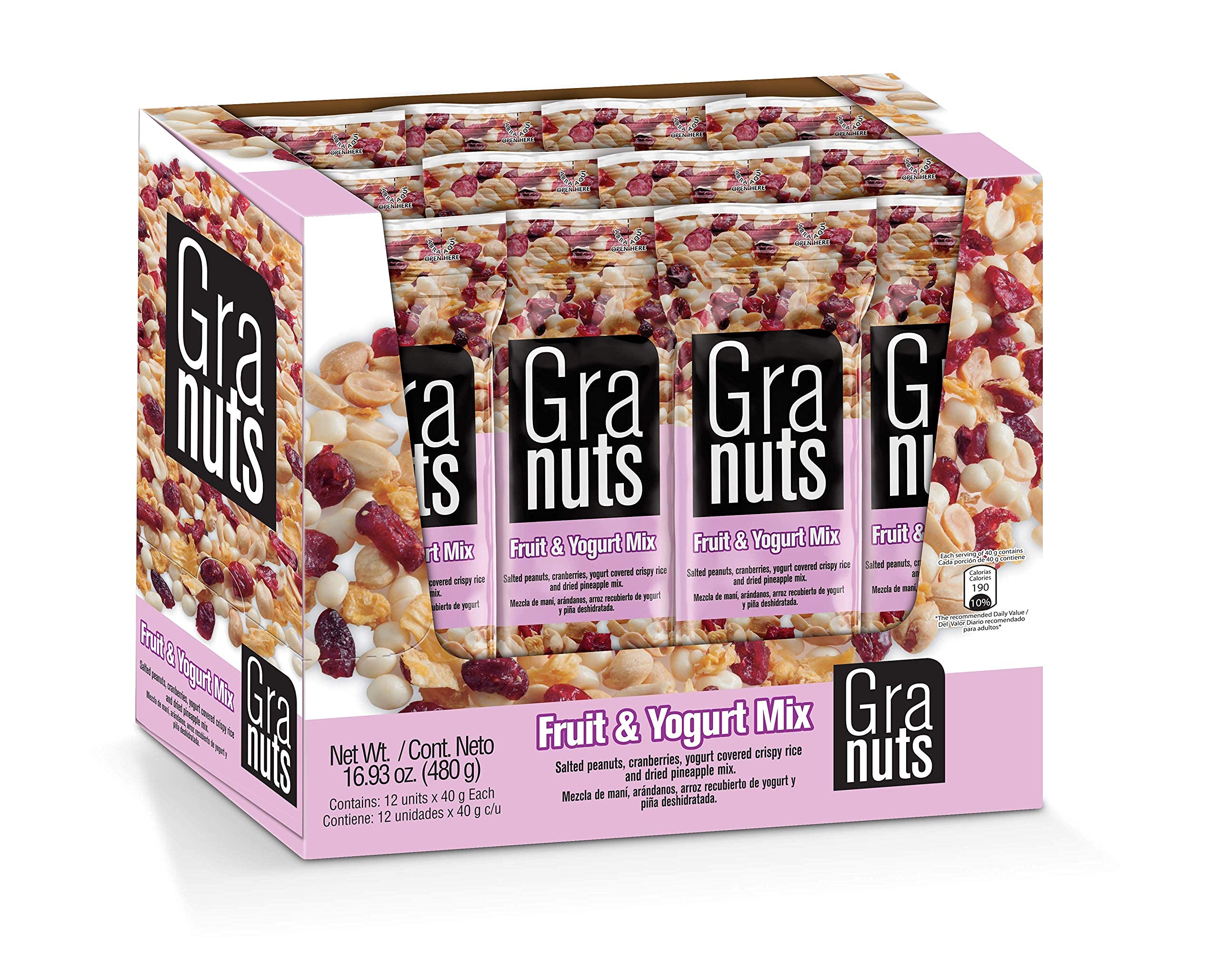 Granuts Fruit & Yogurt Mix - Crunchy Yogurt-Covered Rice with Peanuts, Cranberries & Pineapple - Healthy On-the-Go Snack - 4 Packs of 1.41 Oz (48 Individual Servings) - Perfect for Office, Hiking & Kids Lunchboxes