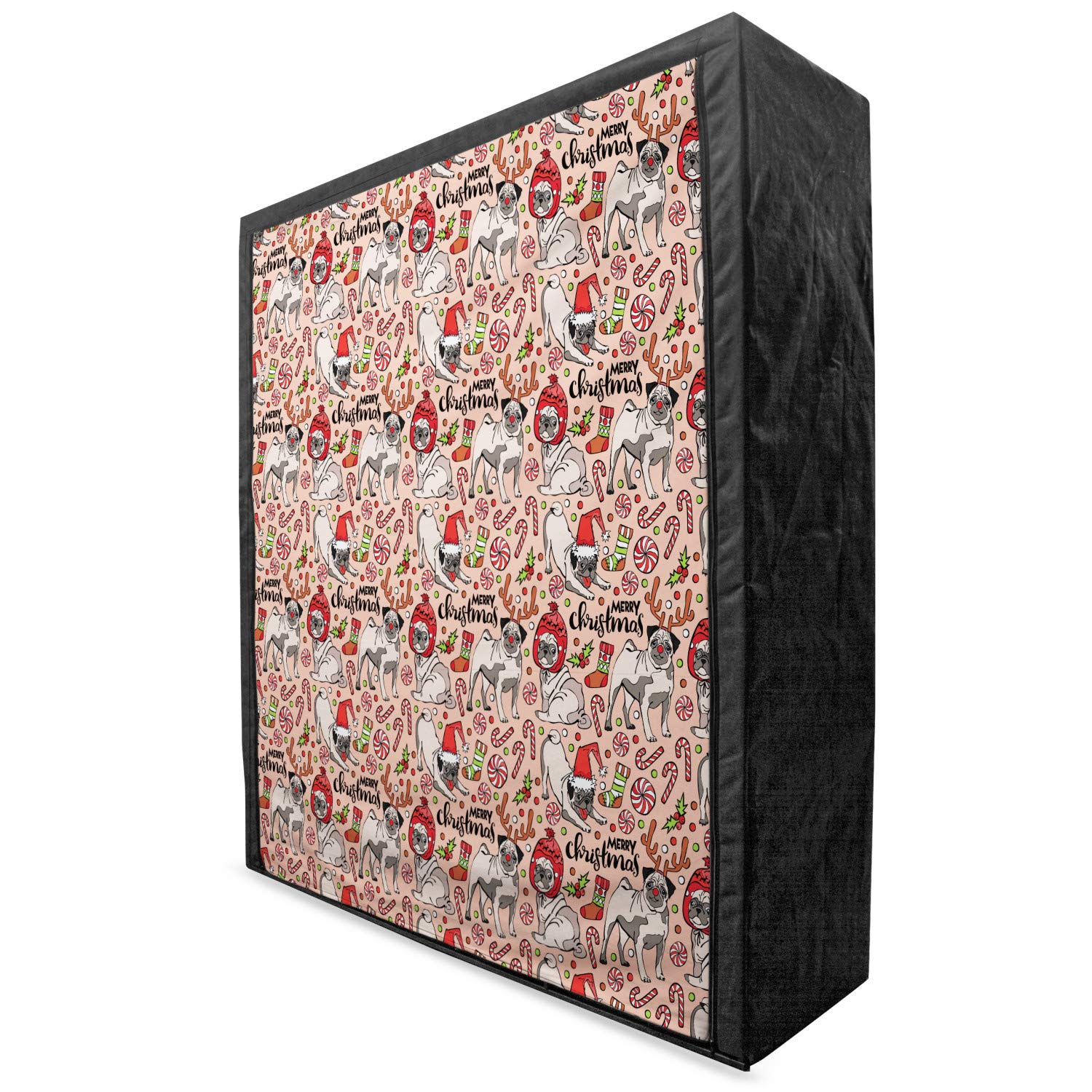 Ambesonne Pug Portable Fabric Wardrobe with Shelves - Christmas Dog Design with Antlers & Candy Cones - 59