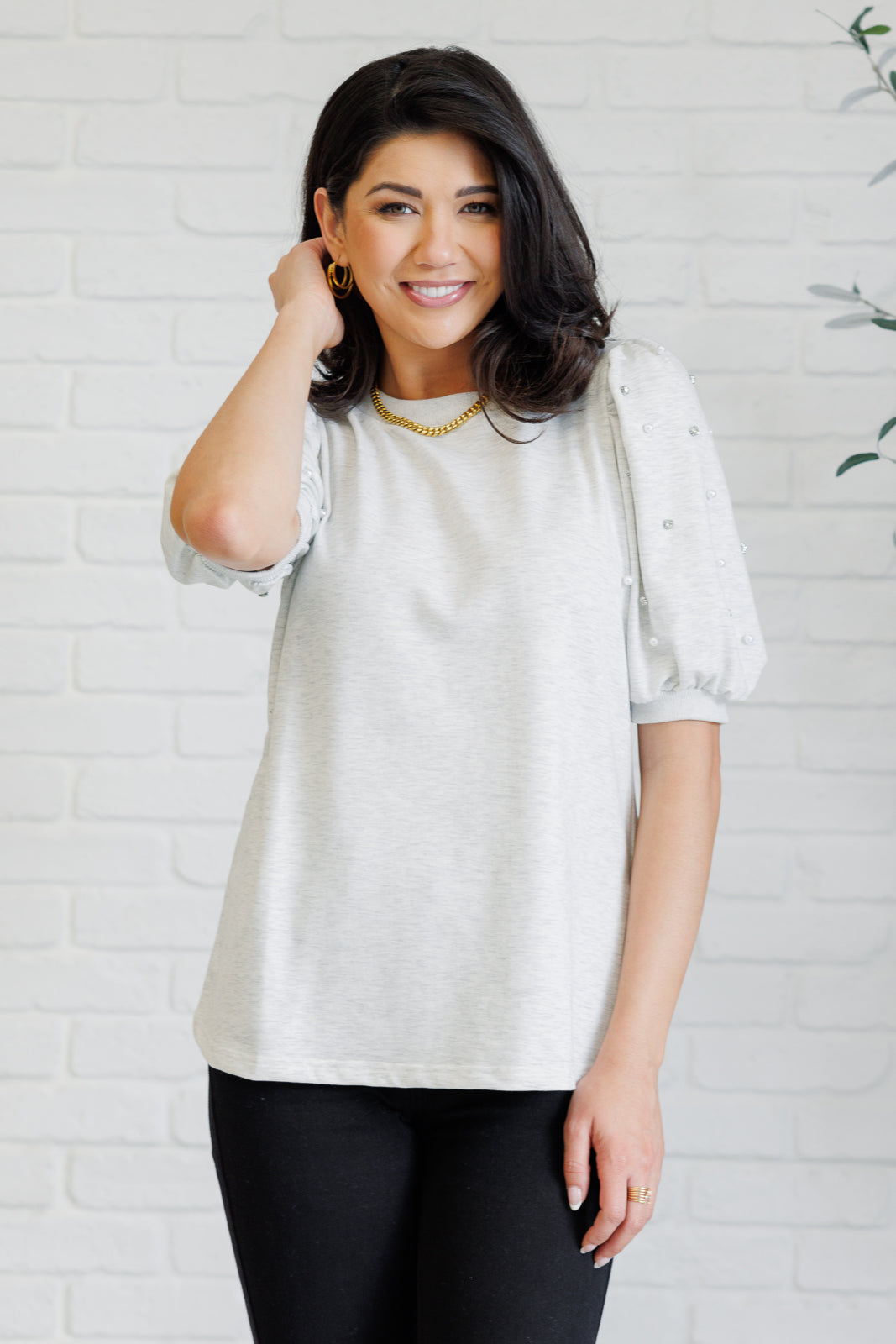 Elegant Light Grey Puff Sleeve Top with Diamond & Pearl Embellishments - Perfect for Parties, Weddings & Special Occasions