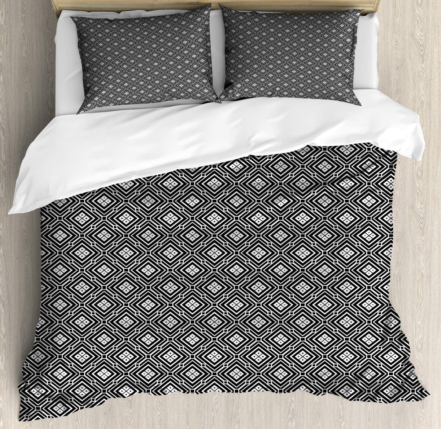 Ambesonne Geometric Rhombus Duvet Cover Set - Monochromatic Retro Design with Nested Symmetry, 3-Piece King Size Bedding Set with 2 Pillow Shams in Charcoal Pale Grey | Perfect for Modern Bedroom Decor & Guest Room Styling