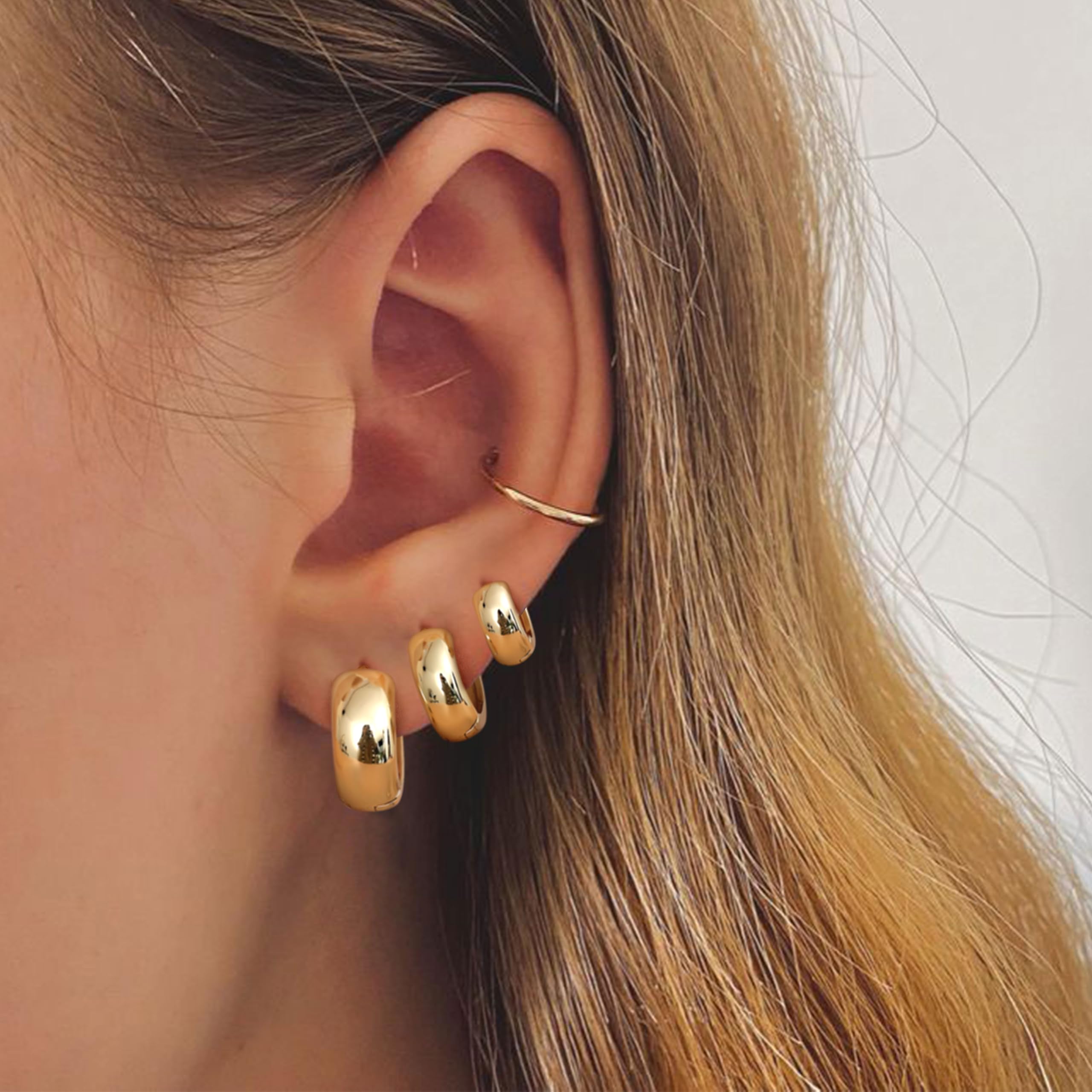 Chunky Gold Hoop Earrings for Women - 14K Gold Plated Hypoallergenic Huggie Hoops Set for Sensitive Ears | Thick Stackable Hoop Earrings for Everyday Wear, Parties & Gifts