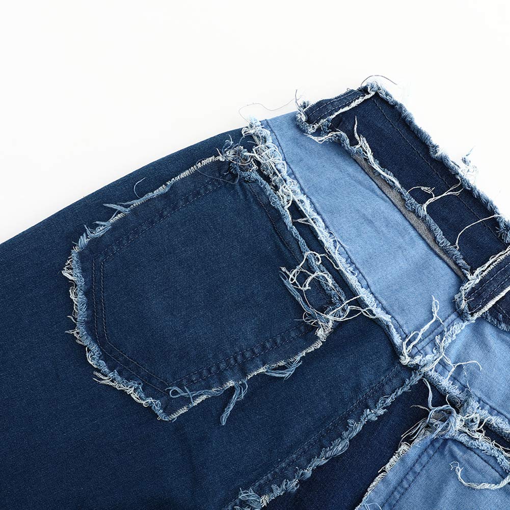 THUNDER STAR Women's Patchwork Straight Leg Jeans - Mid Rise Stretch Denim Pants with Distressed Hem | Casual Everyday Wear, Street Style Outfits