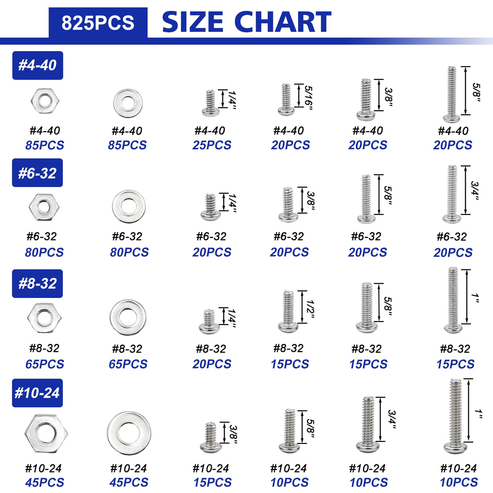 825Pcs Stainless Steel Machine Screws Assortment Kit - #4-40, #6-32, #8-32, #10-24 Phillips Pan Head Bolts with Nuts & Washers - Perfect for DIY Projects, Home Repairs, and Automotive Maintenance