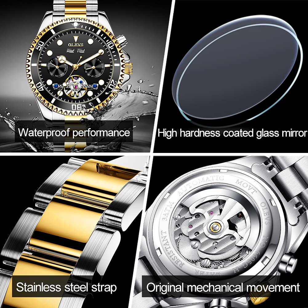OLEVS Automatic Self-Winding Men's Watch - Classic Tourbillon Designer Stainless Steel Waterproof Luminous Wristwatch for Business, Casual & Formal Occasions