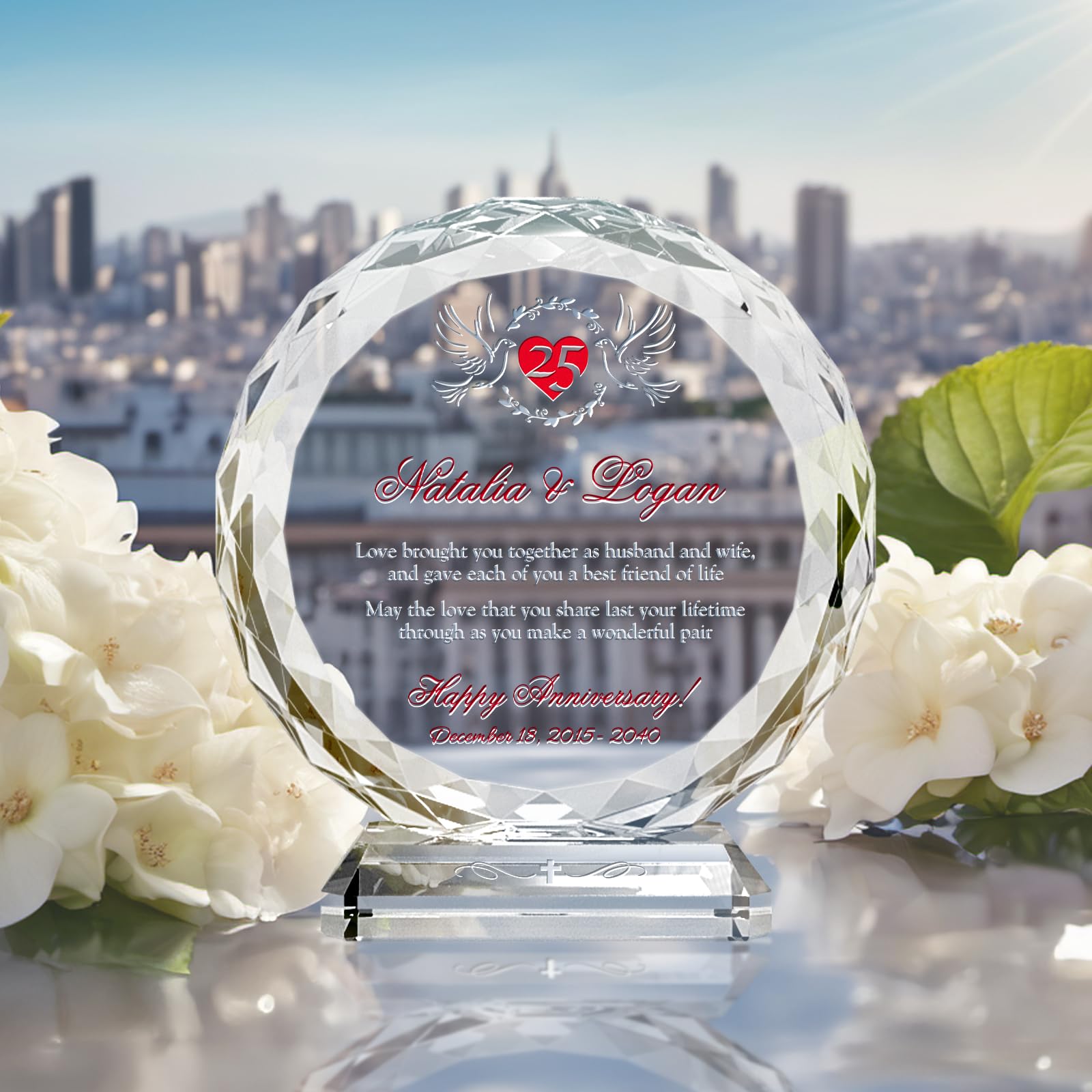 Custom Personalized Crystal Gift for 25th Silver Wedding Anniversary - Engraved with Couple Names & Date - Unique Keepsake for Husband & Wife - XL 10
