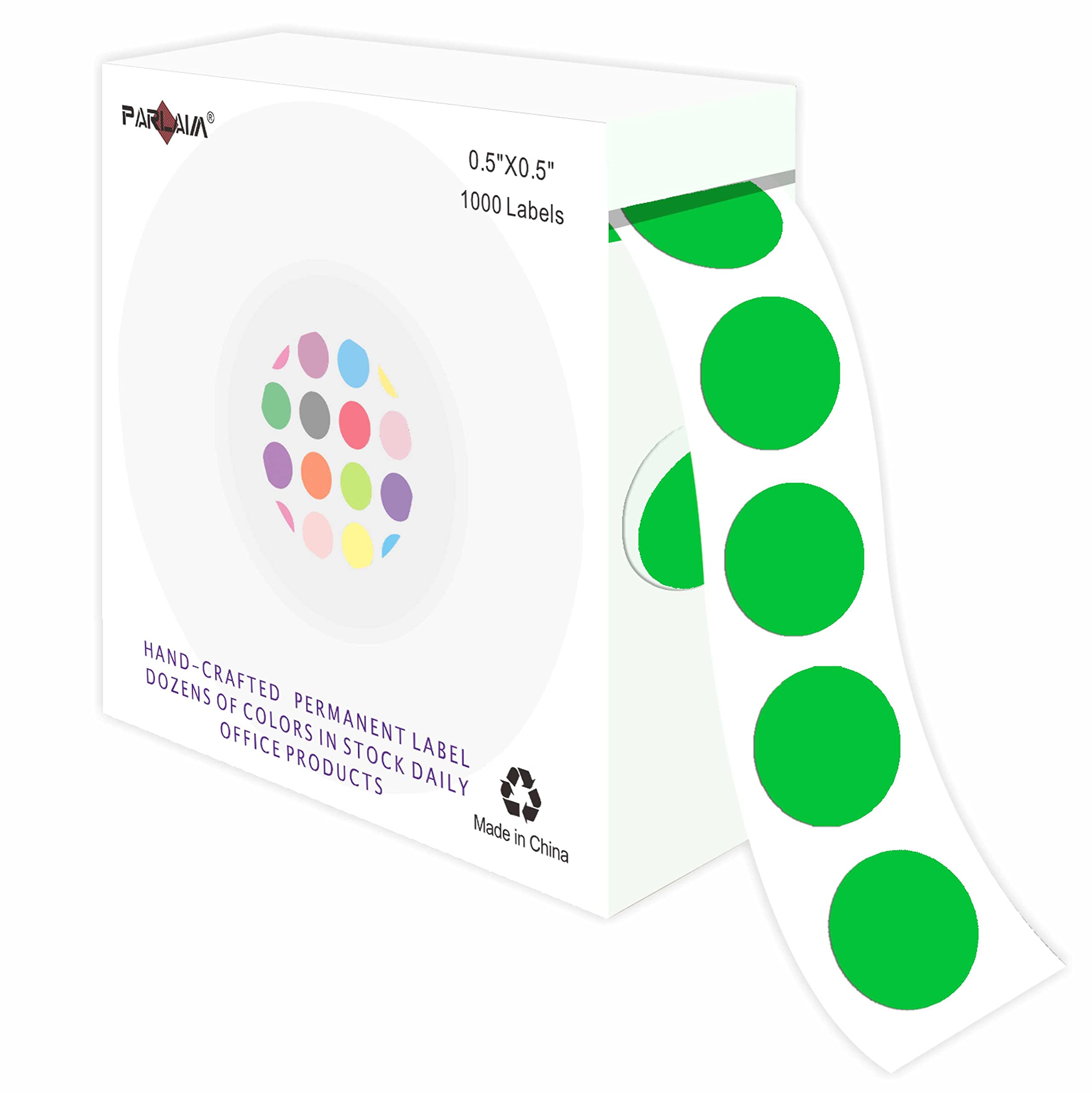 PARLAIM 1/2 Inch Round Permanent Adhesive Color-Code Dot Stickers - 1000 Green Circle Labels with Dispenser Box for Office Organization, Inventory Management & Color Coding