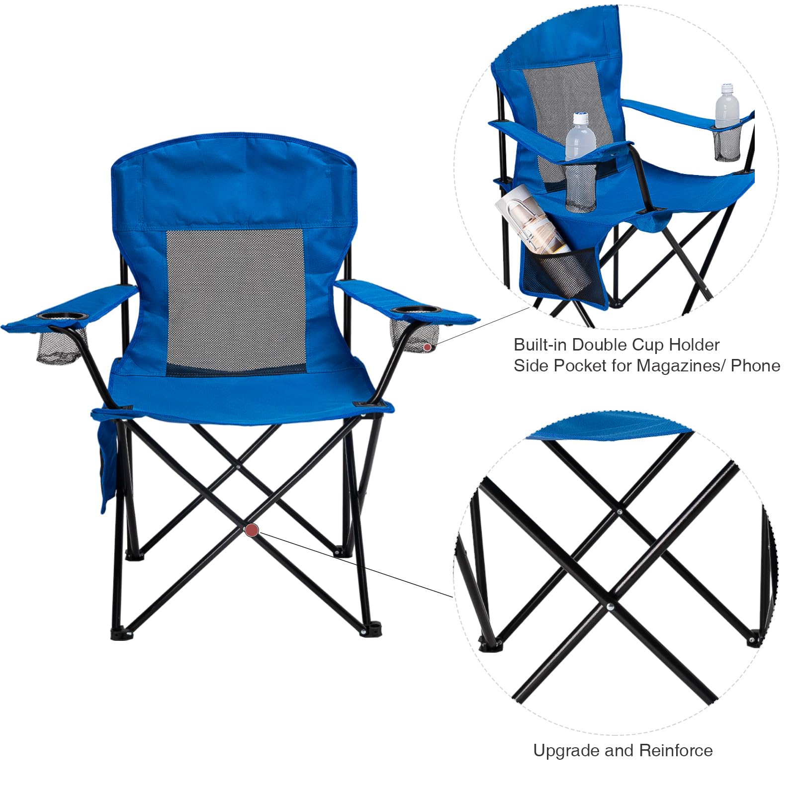 **Portable Folding Camping Chair with Cooling Mesh Back - Adjustable Armrests, 2 Cup Holders & Side Pocket - Heavy Duty 300lbs Capacity for Outdoor, Lawn, Concert & Sports - Includes Carry Bag (Blue Mesh)**