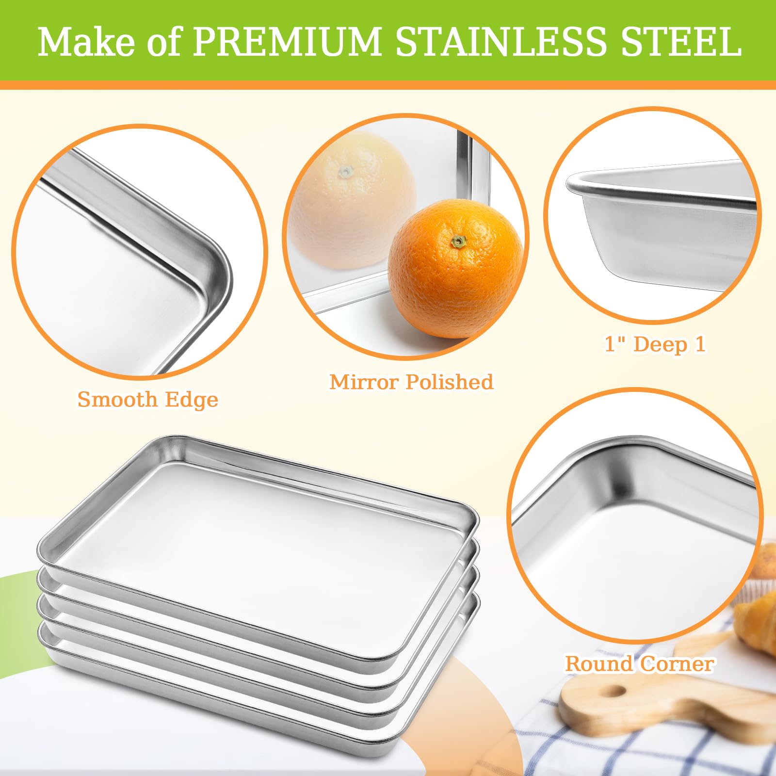 CEKEE 4-Piece Nonstick Stainless Steel Baking Pan Set - Heavy Duty Cookie Sheets (10x7x1 Inch) for Oven, Dishwasher Safe - Perfect for Cookies, Pastries & Meal Prep in Home Kitchens & Restaurants