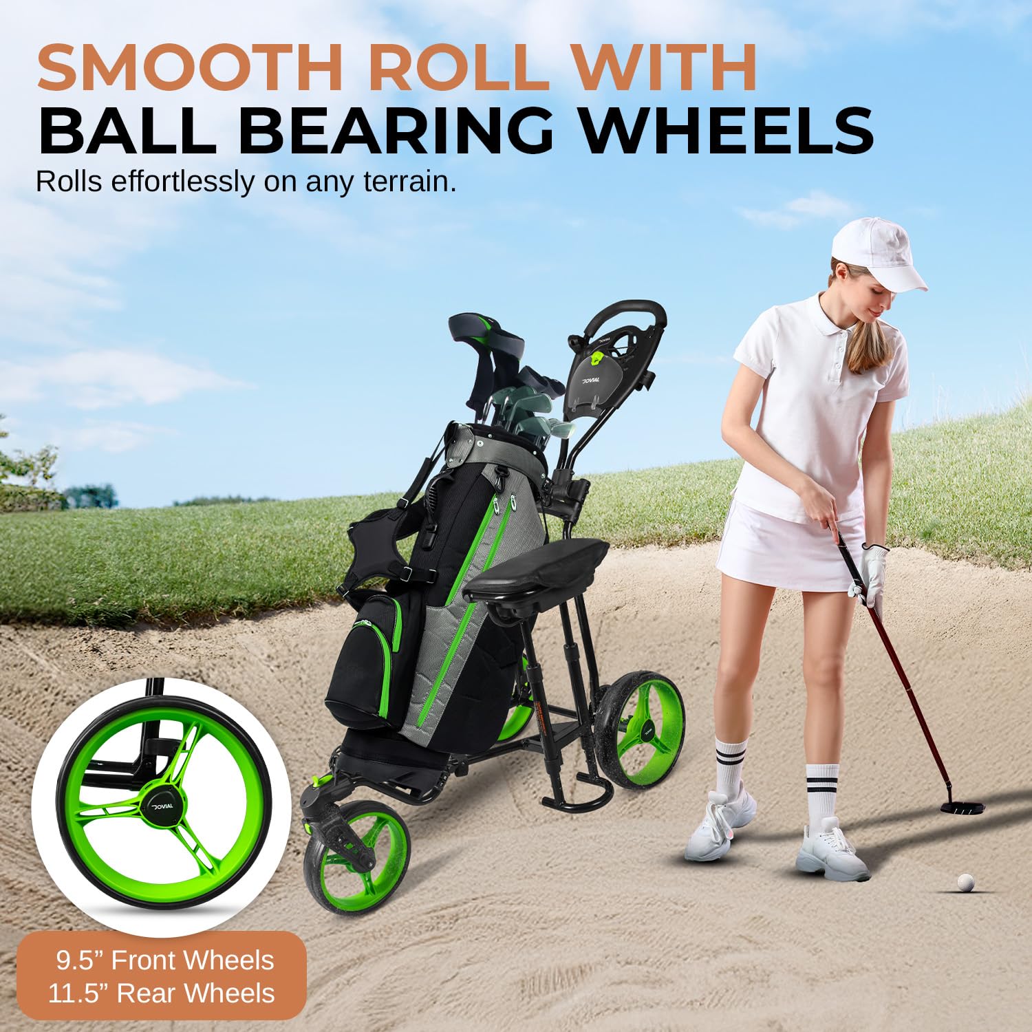 JOVIAL 3 Wheel Golf Push Pull Cart with Built-in Seat - Lightweight Foldable Golf Caddy Accessories | Includes Scorecard Holder, Water Bottle/Mobile/Umbrella/Towel Holder | Perfect for Golf Course Relaxation & Walking Rounds