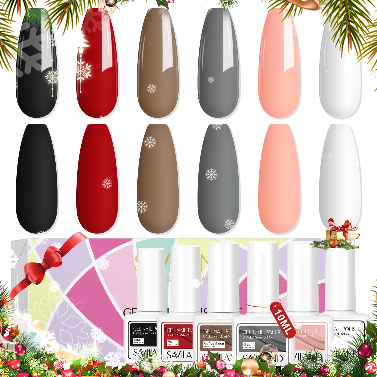 SAVILAND 6 Colors Gel Nail Polish Set - 10ML Soak Off UV LED Nail Art Kit with Christmas Red, Black, Gray & Vintage Colors for Salon & DIY Home Manicure | Perfect Gift for Nail Lovers & Holiday Nail Art