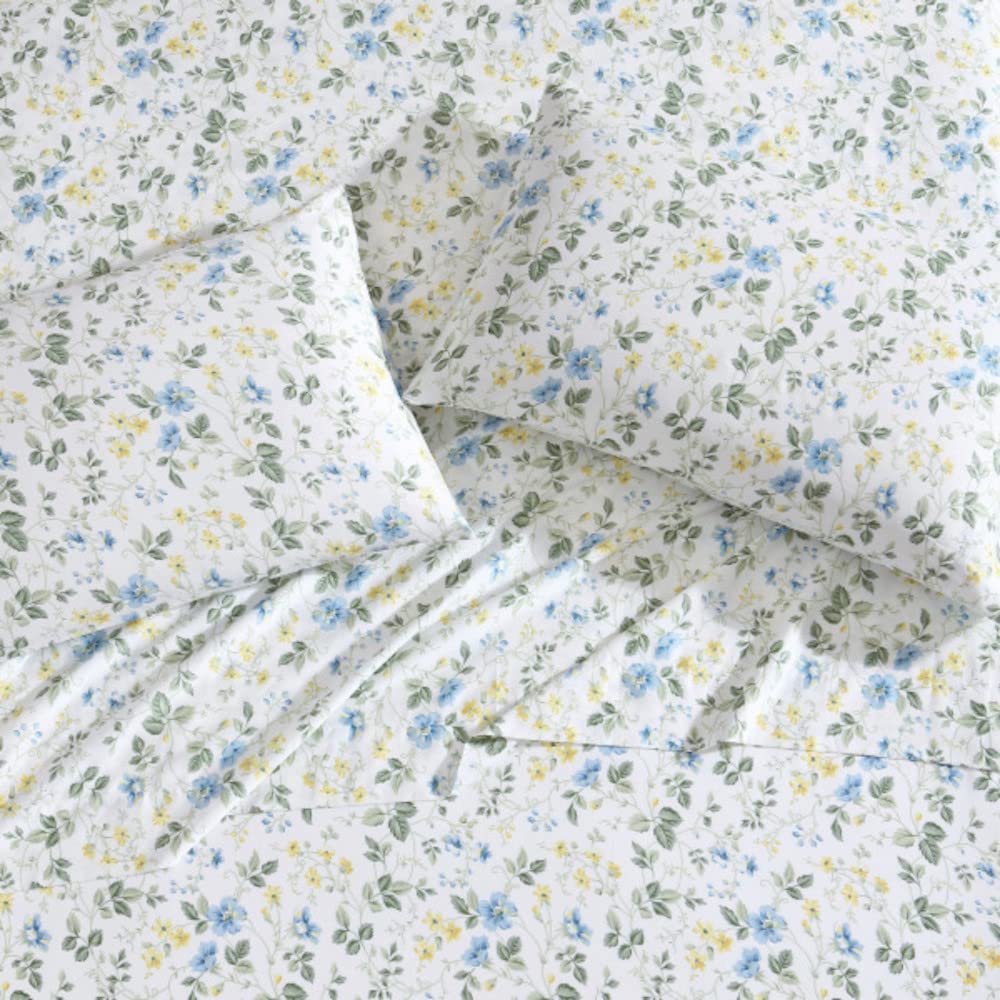 Laura Ashley Home - Queen Size 4-Piece Sateen Cotton Bedsheet Set | Ultra Soft & Breathable Bedding | Meadow Floral Blue Design | Perfect for Master Bedroom, Guest Room & Vacation Homes