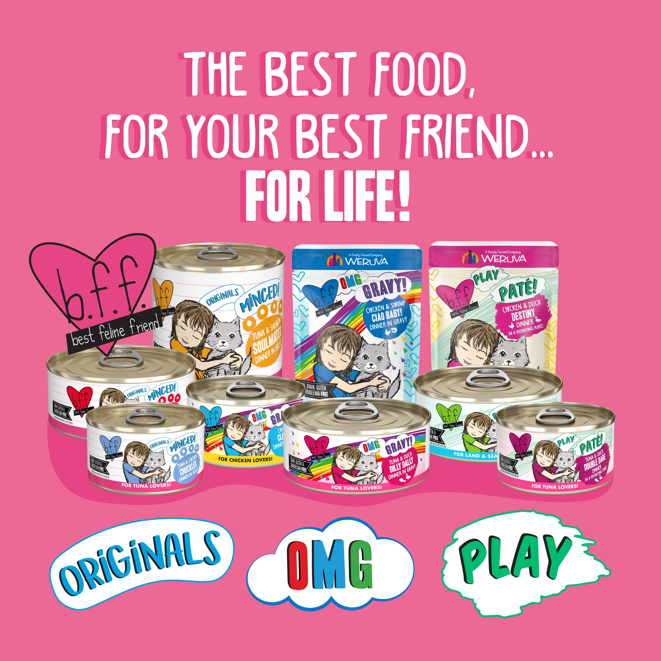 Weruva B.F.F. OMG Tuna & Salmon in Gravy Wet Cat Food - Grain-Free, High Protein, Natural Ingredients for Adult Cats - 3oz Pouch (Pack of 12) - Perfect for Mealtime, Travel & Treats