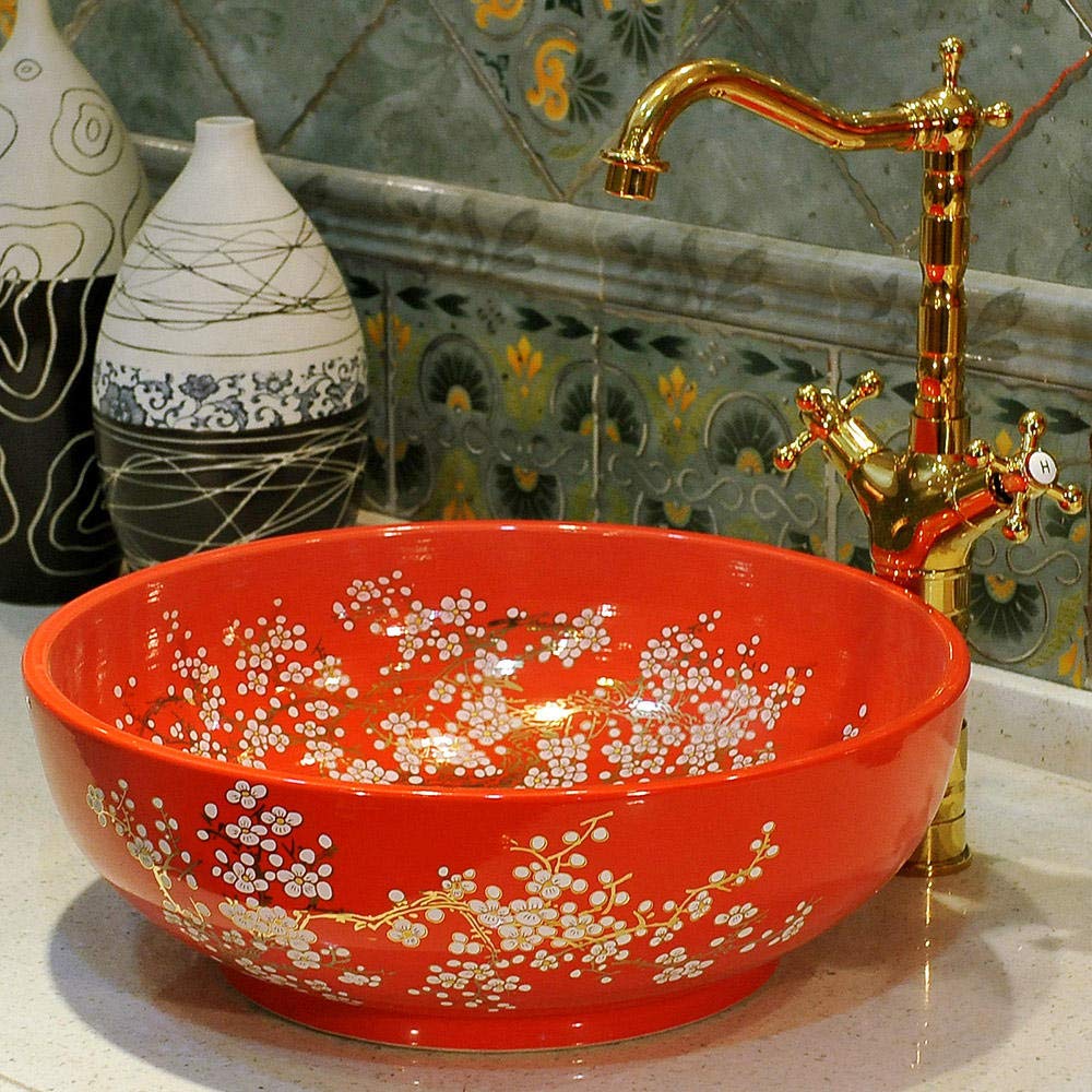 Hand-Painted Ceramic Vessel Sink - Jingdezhen Art Countertop Basin for Bathroom Vanity | Perfect for Modern & Luxury Home Decor, Spa-Like Bathroom Renovations