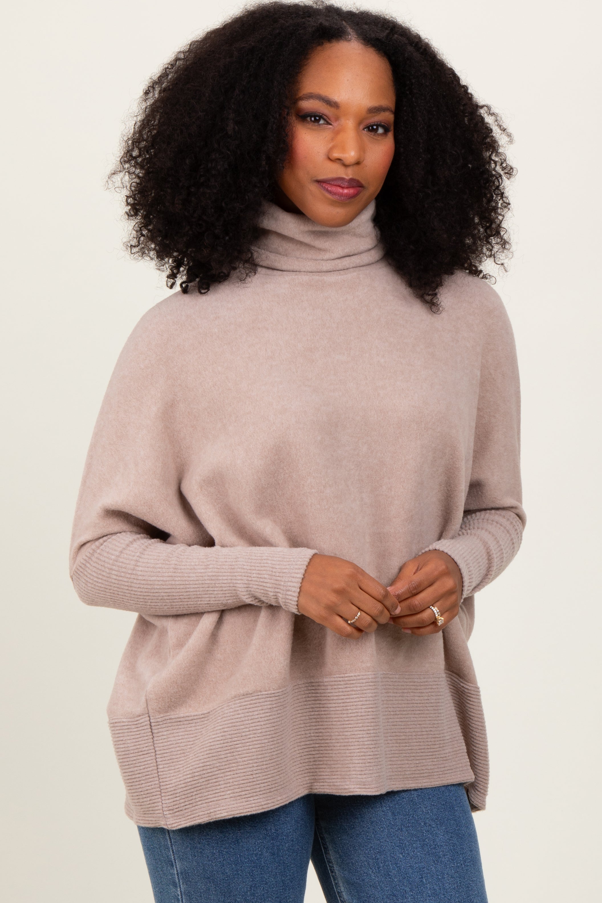 Beige Turtle Neck Brushed Heather Knit Sweater for Women - Soft Winter Pullover with Cozy Ribbed Cuffs - Perfect for Casual Outfits, Office Wear & Holiday Gatherings