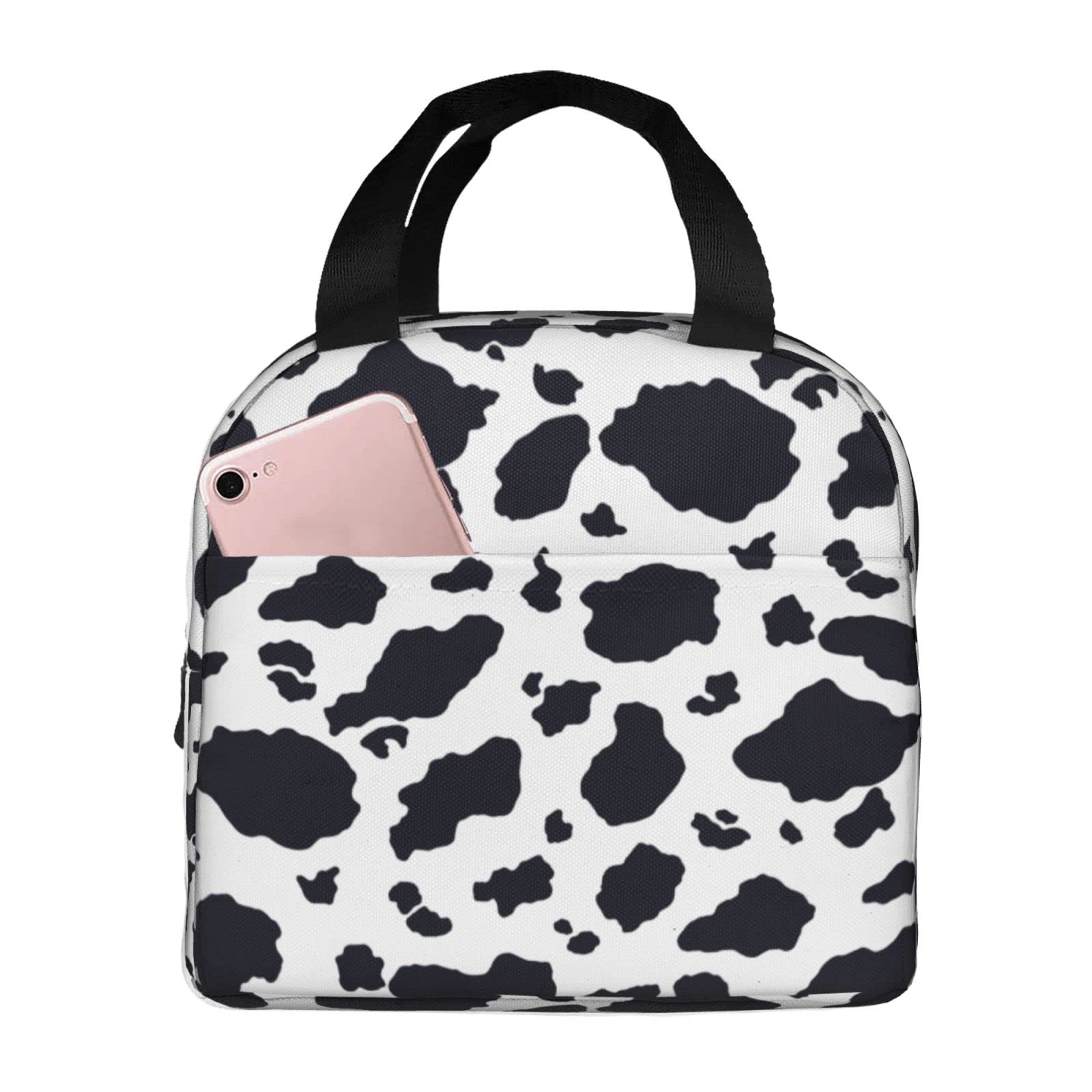 Black and White Cow Print Insulated Lunch Bag - Reusable Tote for Office, Camping, Travel, Picnic, Beach & Fishing - Portable Cooler for Adults (Great for Work, School, Outdoor Adventures & Daily Commute)