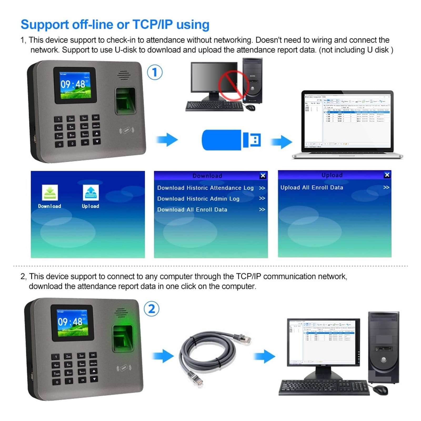 2.4 Inch Biometric Fingerprint & RFID Time Attendance System - Employee Check-in/Check-out Device with Software for Office, Factory & School Security Management