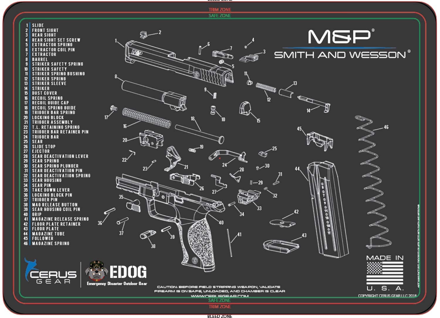 Smith & Wesson M&P Pistol Cleaning Mat - 5 PC Schematic Exploded View Work Surface Protector | Oil & Solvent Resistant Heavy Duty Pad | 3 PC Gun Cleaning Kit with Clenzoil | Perfect for Firearm Maintenance & Workshop Use
