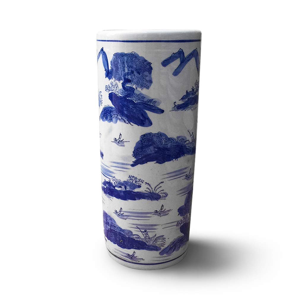 Blue & White Porcelain Ceramic Umbrella Stand - Elegant Entryway Organizer for Canes, Walking Sticks & Wet Umbrellas - Home & Office Decor (11×33.5cm) - Perfect for Foyers, Porches & Mudrooms