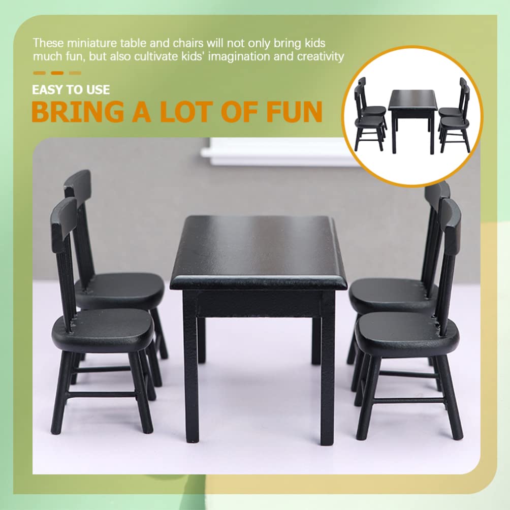 5-Piece Miniature Black Wooden Dining Table and Chairs Set - Dollhouse Furniture Accessories for 4 People | Perfect for Dollhouse Decor, Miniature Displays, and Collectible Scenes