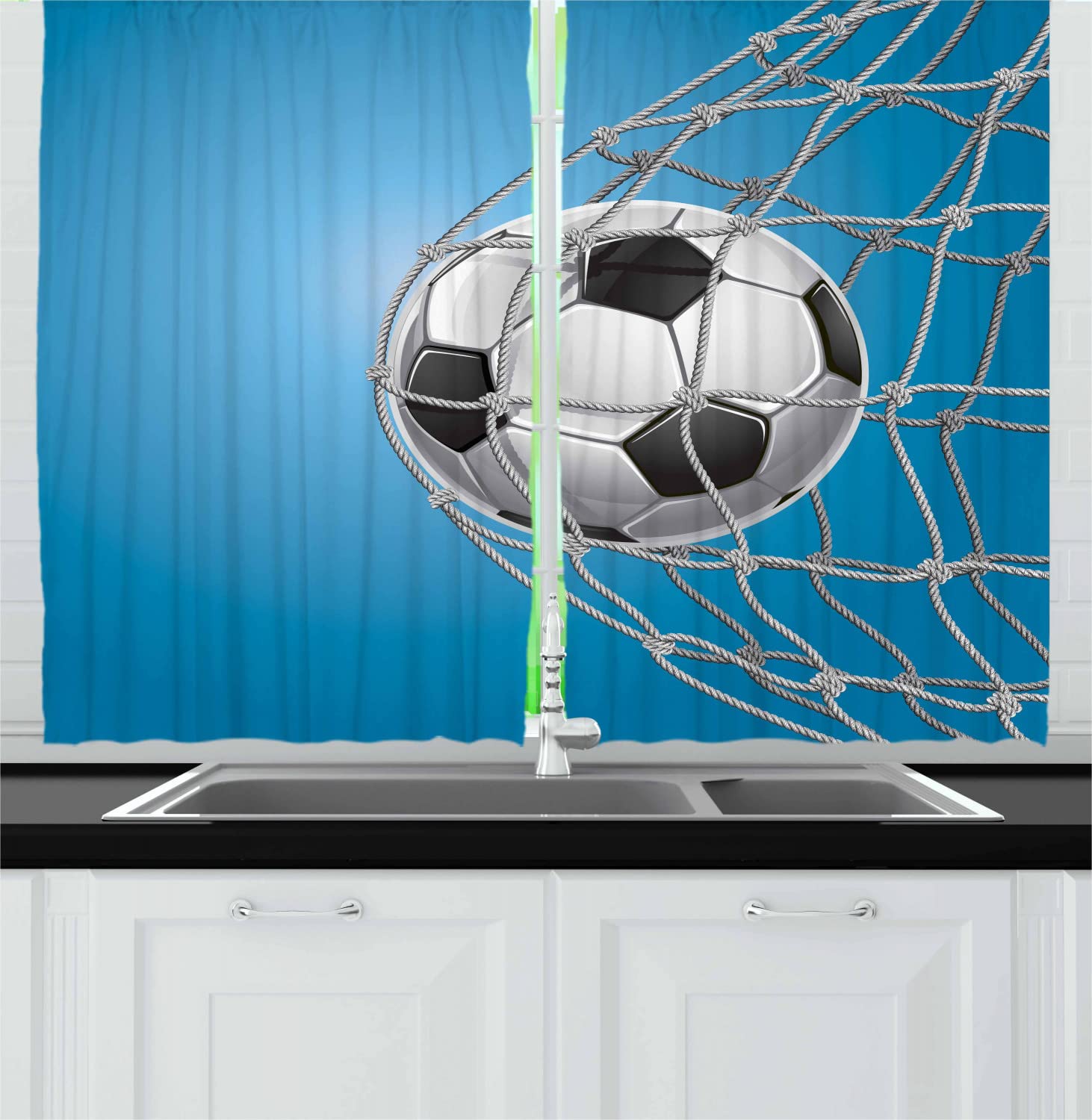 Ambesonne Soccer Themed Long Kitchen Curtains - Football Goal Net Design for Sports Enthusiasts - 2 Panel Rod Pocket Drapes 55x45 Inches in Blue Pale Grey Black - Perfect for Game Room, Sports Bar & Soccer Fan Bedroom Decor