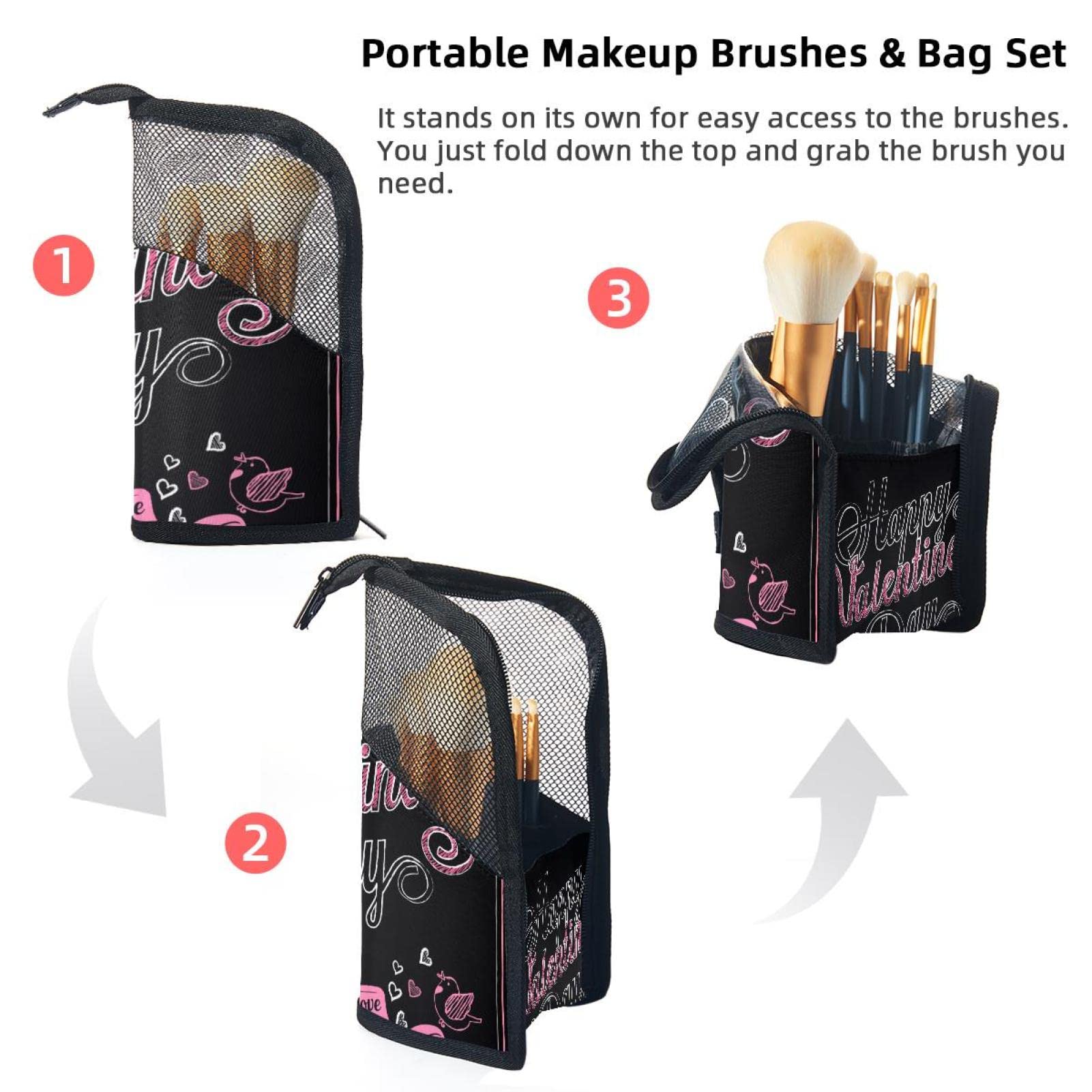 12-Piece Pink Makeup Brush Organizer Bag with Valentine's Day Graphic - Portable Cosmetic Brush Holder Case for Travel, Home & Professional Makeup Storage