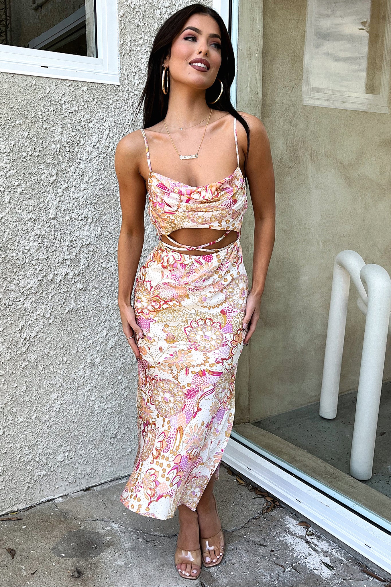 Florence Midi Dress - Pink Floral Print Summer Dress for Women | Casual & Party Wear | Perfect for Beach, Wedding & Date Night