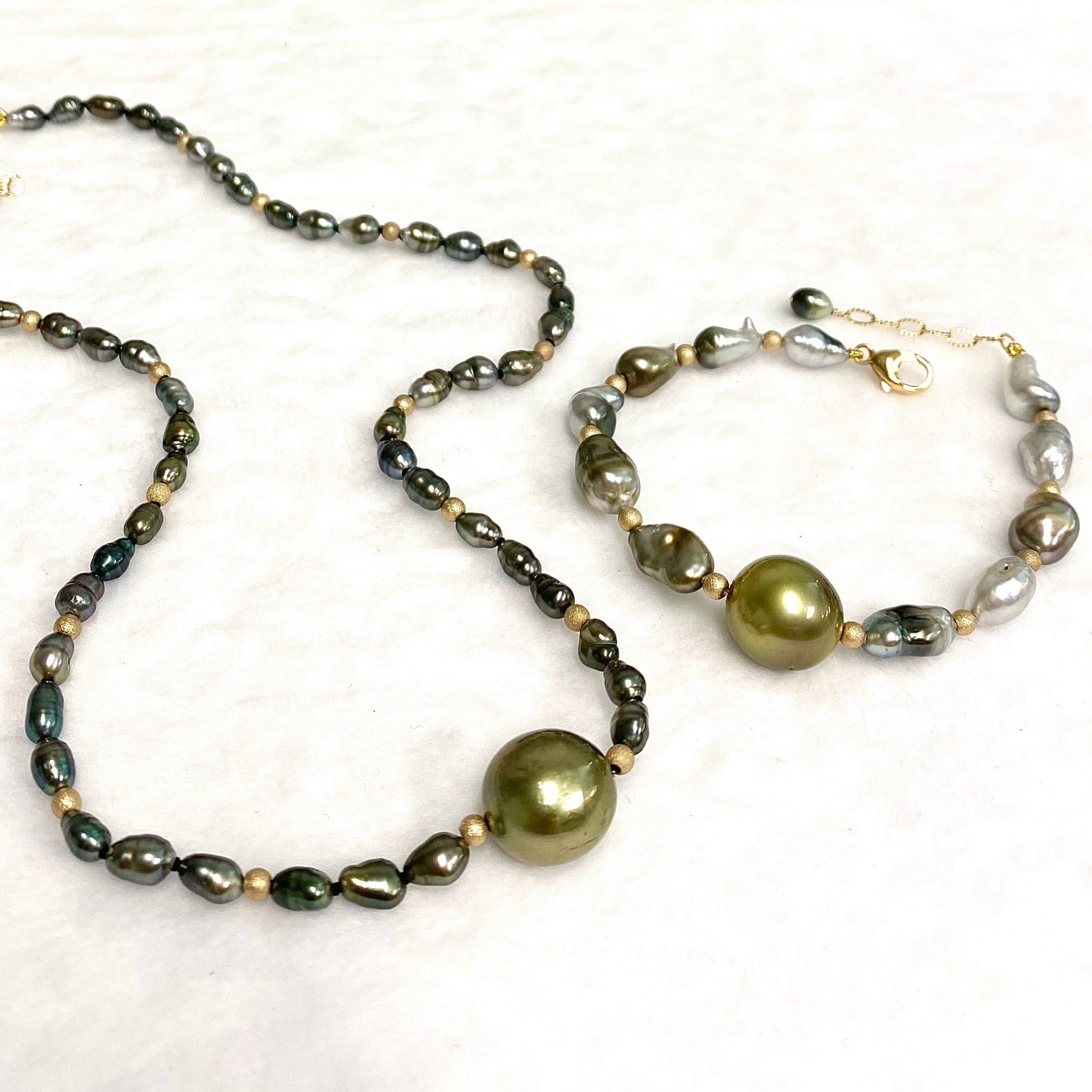 Mayra Bracelet with Pistachio Beads & Large Keshi Tahitian Pearls (B507) - Elegant Jewelry for Women, Perfect for Weddings, Parties, and Special Occasions