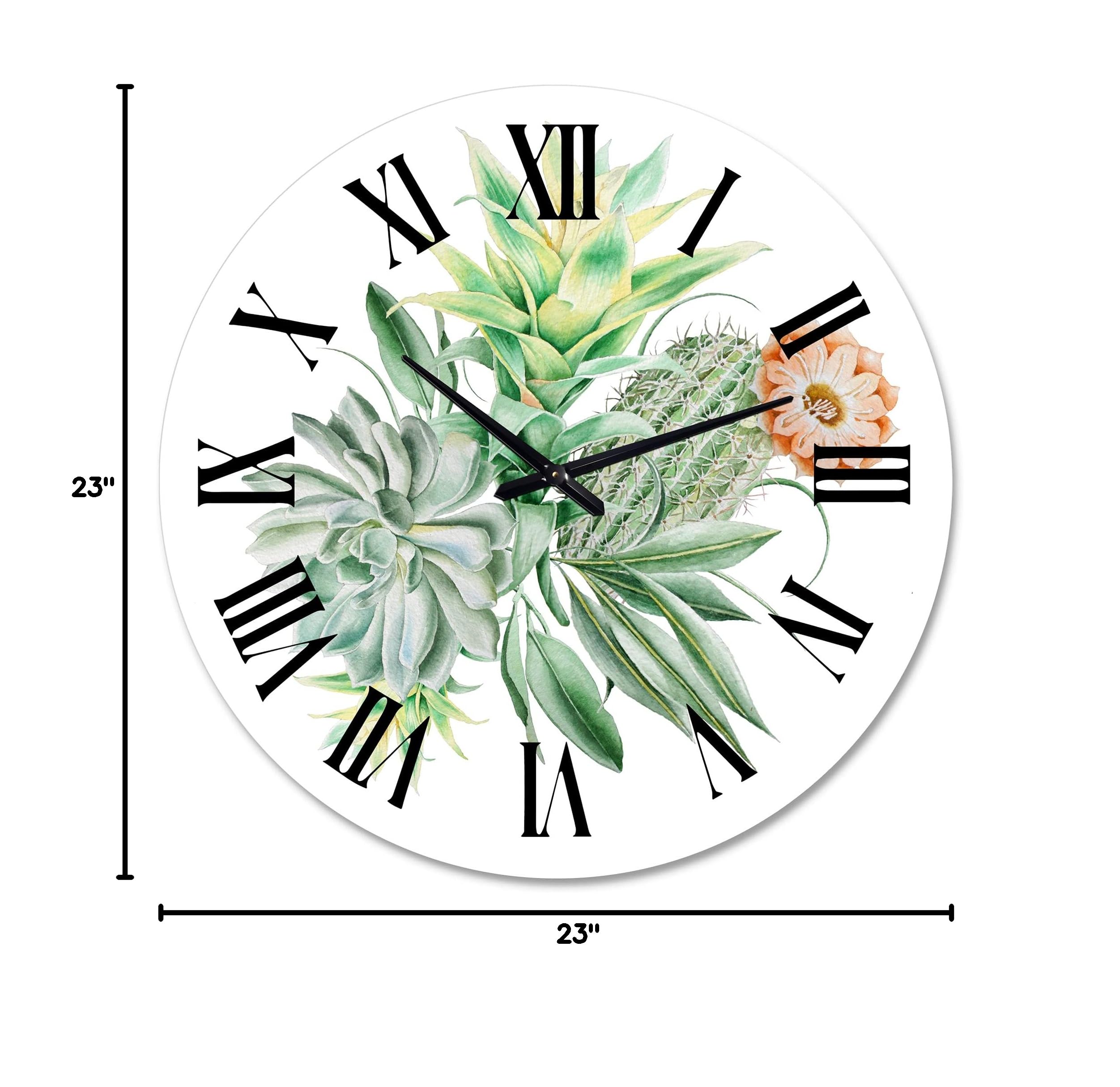 Bouquet with Cactus and Succulents Wall Clock - Large Floral Botanical Wall Decor for Home, Office & Living Room | Silent Non-Ticking Modern Clock