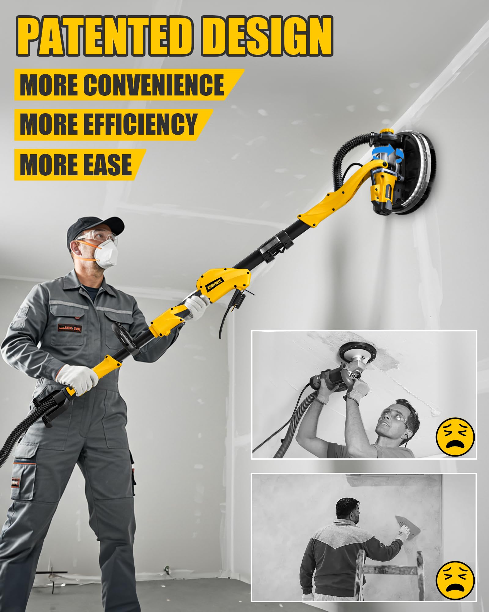 1050W Electric Drywall Sander with Vacuum Dust Collection - 7 Speed Adjustable (2100 RPM) | Double-Deck LED Light, Foldable Handle & Dust Bag | Perfect for Home Renovation & Professional Drywall Sanding