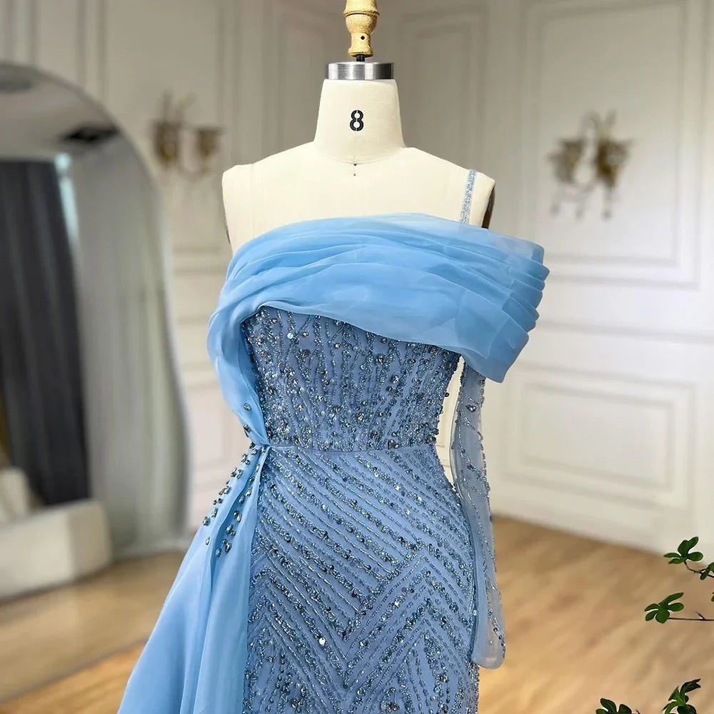 Elegant Blue Mermaid One Shoulder Evening Dress with Luxury Pearl Beading for Women - Perfect for Weddings, Parties & Special Occasions - Serene Hill Collection 2025 LA72244