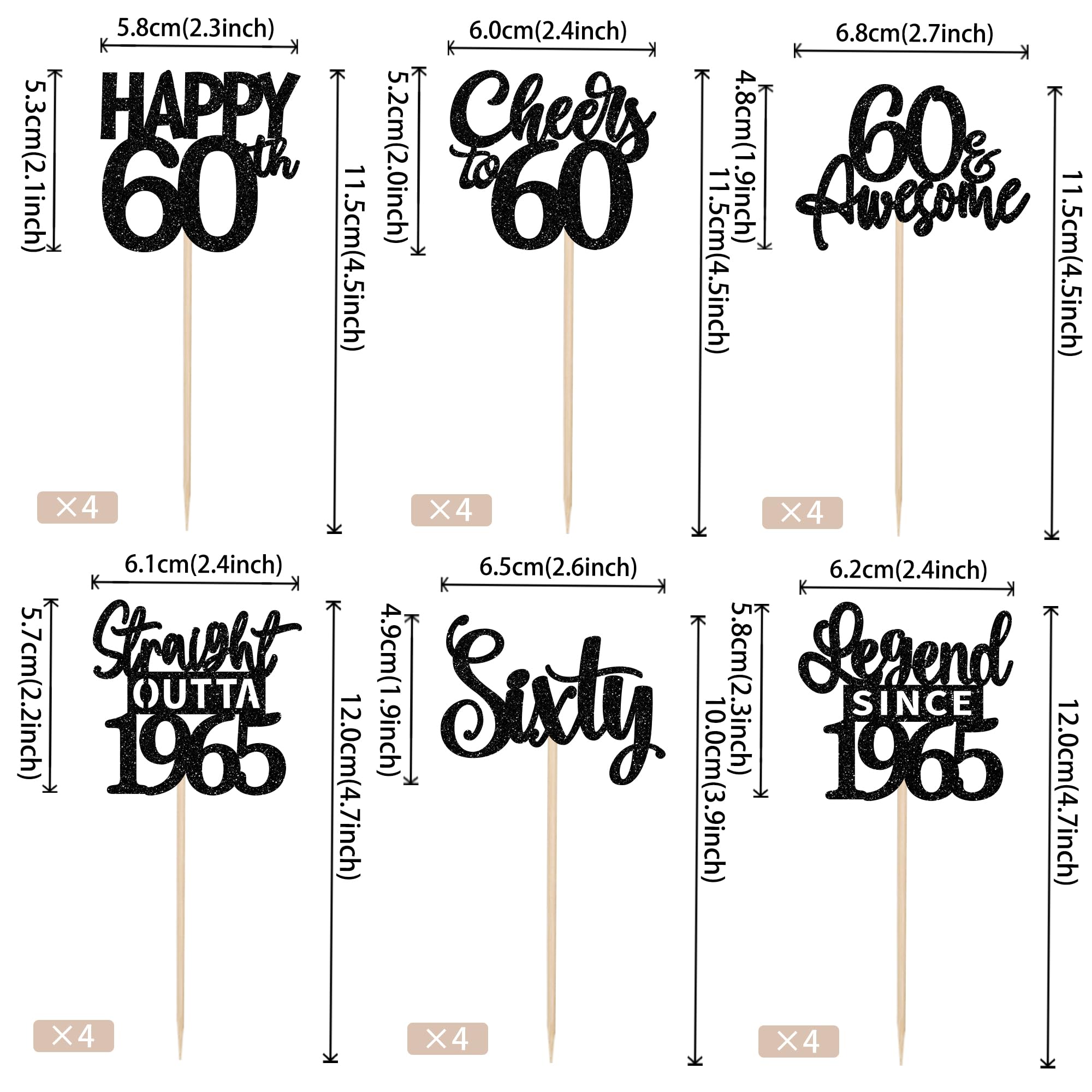 24PCS Black Happy 60th Birthday Cupcake Toppers - Sixty Straight Outta 1965 Cake Decorations for 60th Birthday Party Supplies - Perfect for Anniversary Celebrations, Retirement Parties & Milestone Decorations