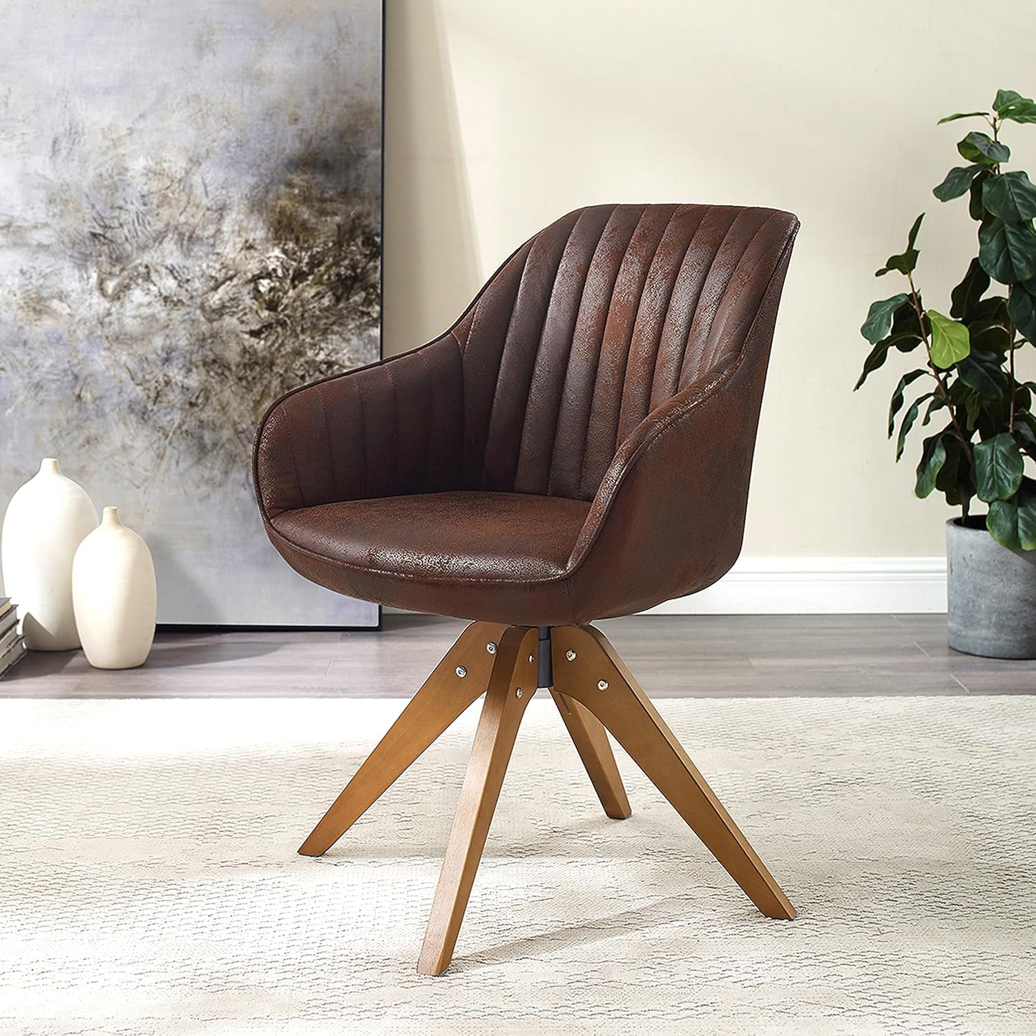 Art Leon Mid Century Modern Swivel Accent Chair with Beech Wood Legs - No Wheels Desk Armchair in Soft Suede Fabric | Perfect for Home Office, Living Room & Reading Nook