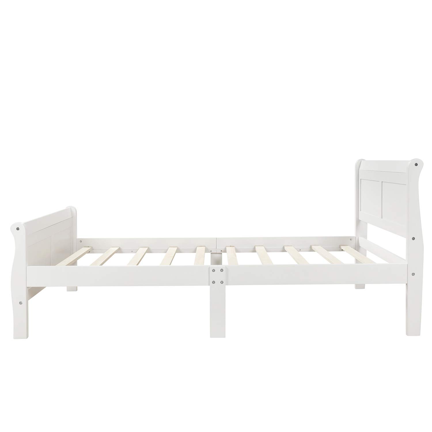 Rhomtree Twin Size Wooden Bed Frame with Headboard & Footboard - Solid Wood Platform Bed with Slat Support - Mattress Foundation for Bedroom Furniture (White) - Perfect for Kids Rooms, Guest Bedrooms & Small Spaces