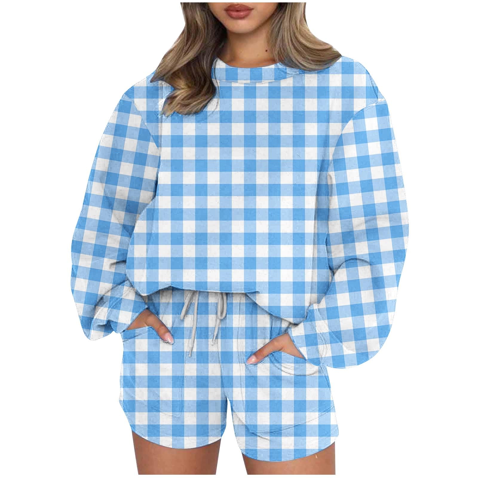 Women's 2 Piece Lounge Set - Soft Scoop Neck Checkered Print Pajama Set with Drawstring Waist & Oversized Long Sleeves - Cozy Loungewear for Home, Sleep & Relaxation