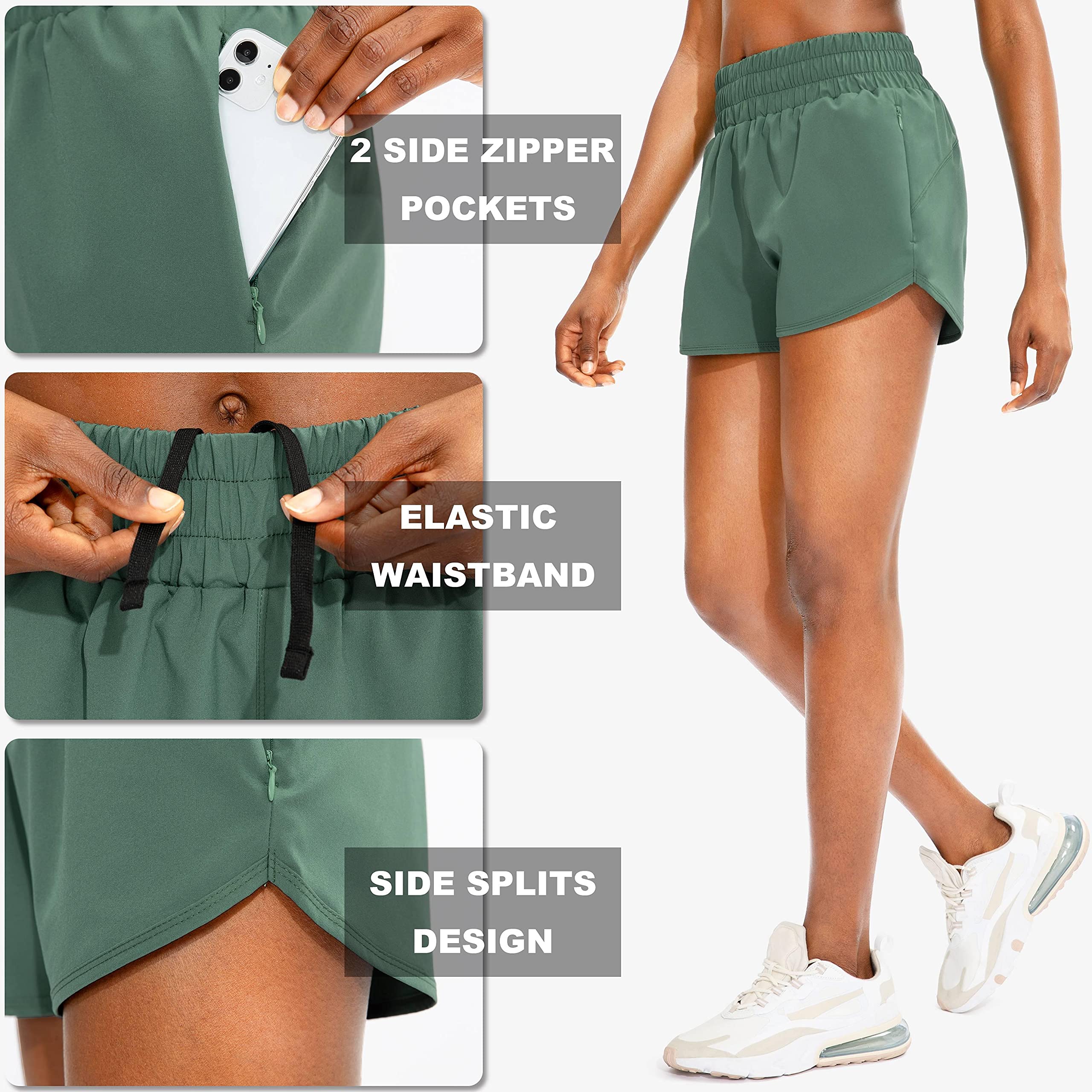 SANTINY High Waisted Running Shorts for Women with Zip Pockets - Breathable Athletic Workout Gym Shorts with Liner - Perfect for Jogging, Yoga & Fitness Training