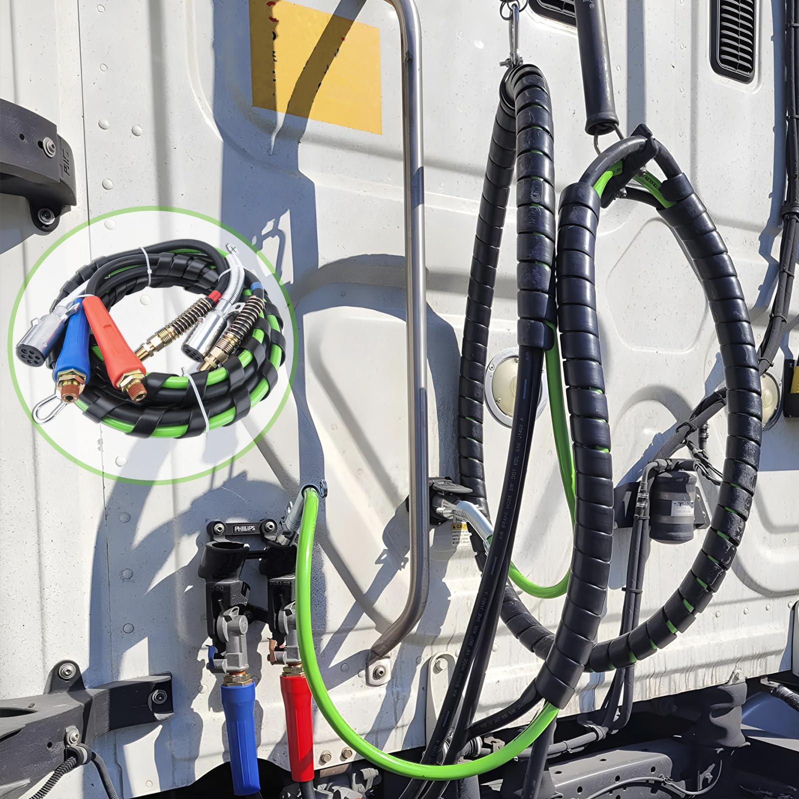 **Semi Truck Air Line Kit - 12Ft ABS & Power Air Hose with 7-Way Electrical Cable - 3 in 1 Heavy Duty Air Lines for Tractor Trailer - Ideal for Long Haul & Heavy Duty Towing**