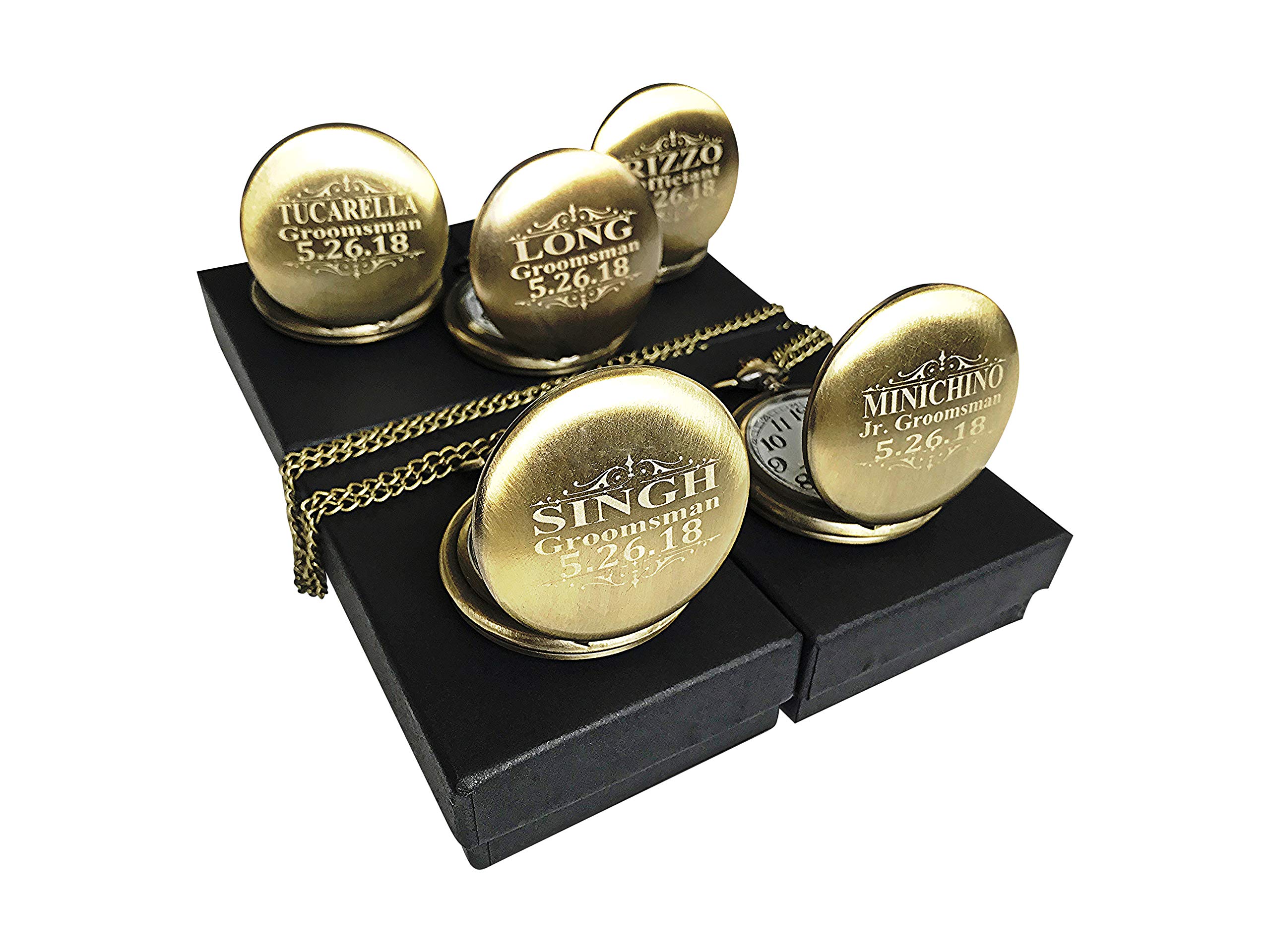Personalized Pocket Watch Set for Groomsmen - 5 Unique Engraved Gifts with Chain & Gift Box in 4 Colors | Perfect for Weddings, Anniversaries & Special Occasions