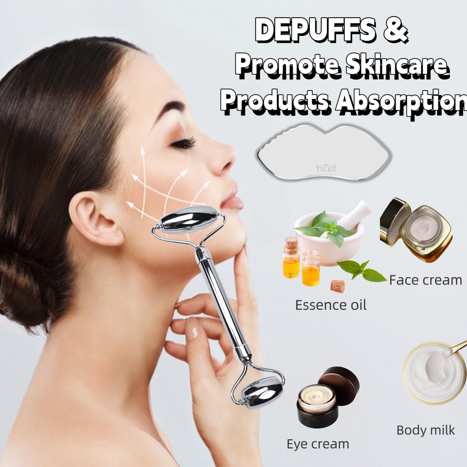 Stainless Steel Face Roller & Gua Sha Tool Set - Anti-Aging Facial Massager for Wrinkles, Puffiness & Skin Tightening - Eye & Neck Care for Glowing Skin - Perfect for Morning Routine & Spa Night Self-Care