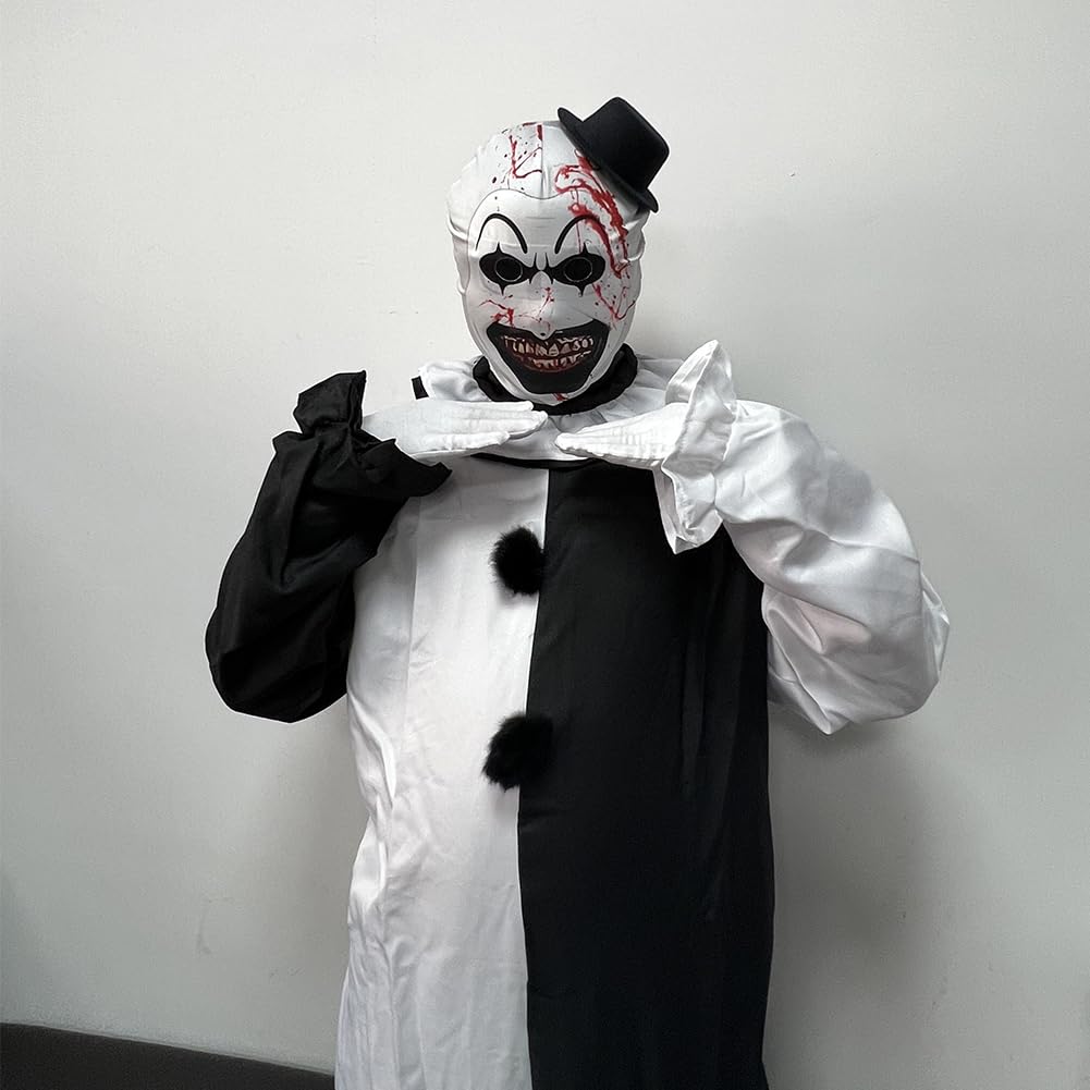Clown Cosplay Costume Jumpsuit - Black & White Full Bodysuit Set with Mask for Halloween, Movie & Themed Parties | Perfect for Cosplay, Halloween Costumes & Costume Parties