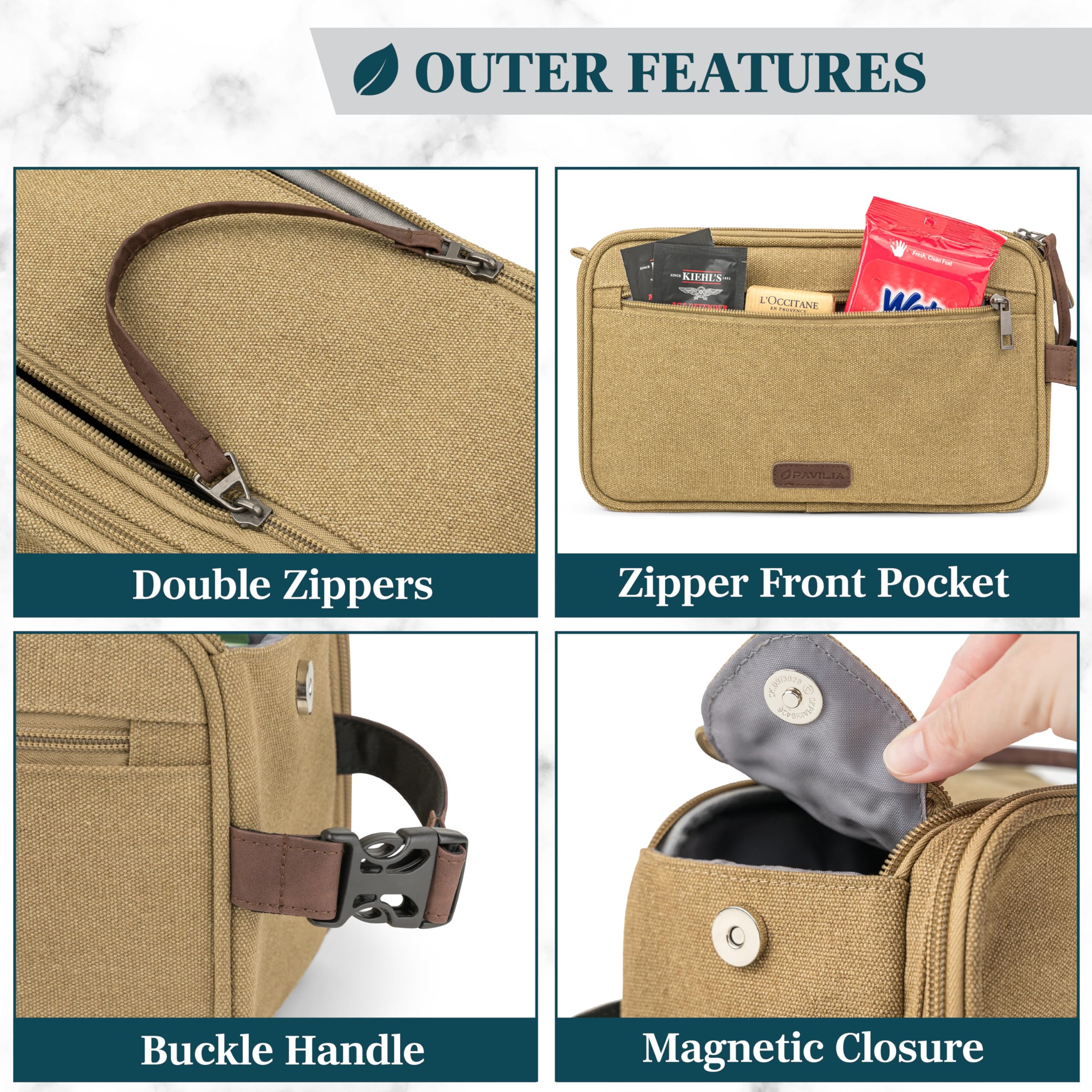 PAVILIA Men's Waterproof Canvas Toiletry Bag - Travel Dopp Kit & Shaving Kit Organizer with Multiple Pockets (Tan Khaki) - Ideal for Business Trips, Gym, Camping & Vacation Essentials Storage