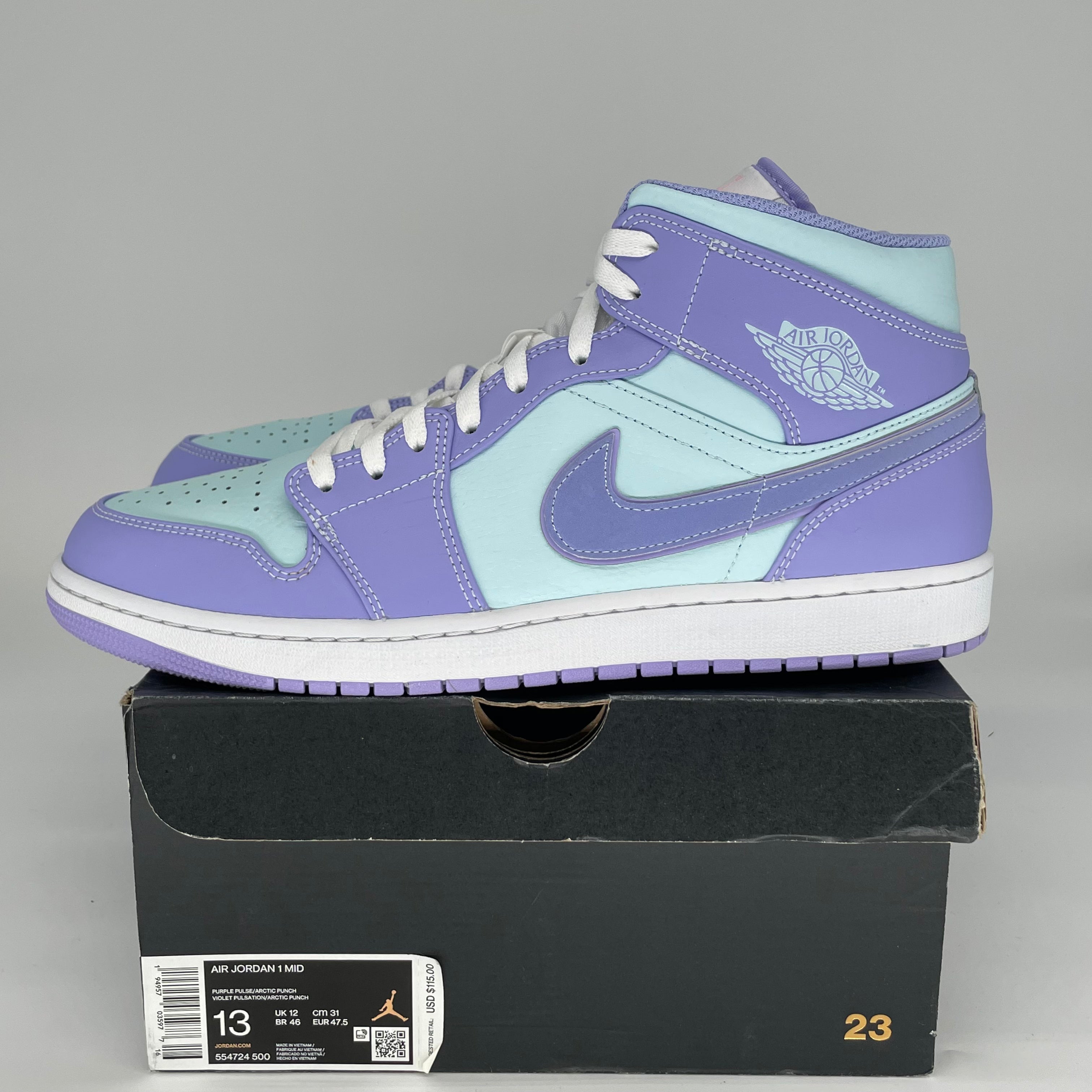 AIR JORDAN 1 MID Purple Aqua Men's Basketball Shoes Size 13 (554724-500) - Perfect for Streetwear & Sneaker Collectors